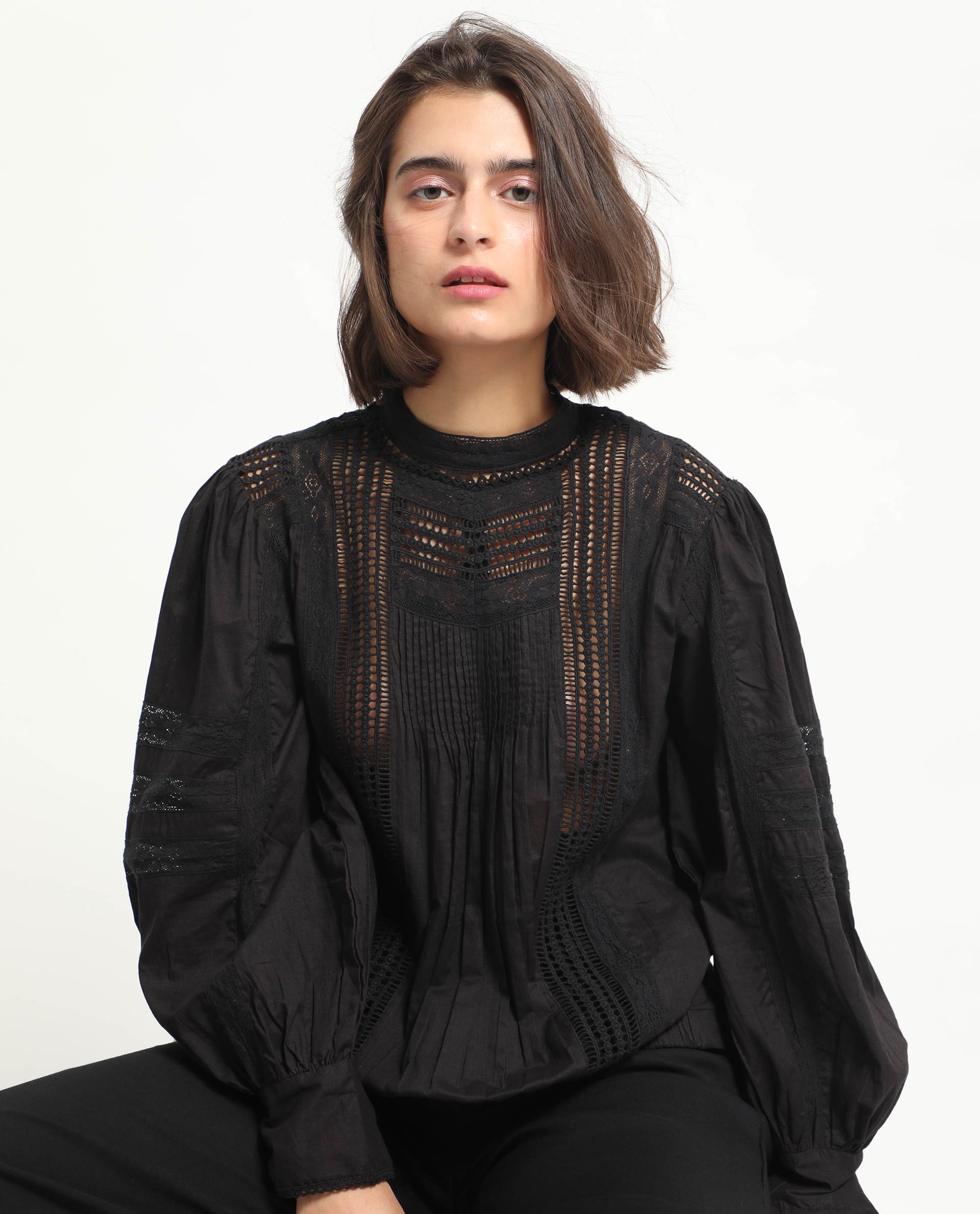 Rareism Women's Schwan Black Cotton High Neck Plain Balloon Sleeve Regular Fit Top