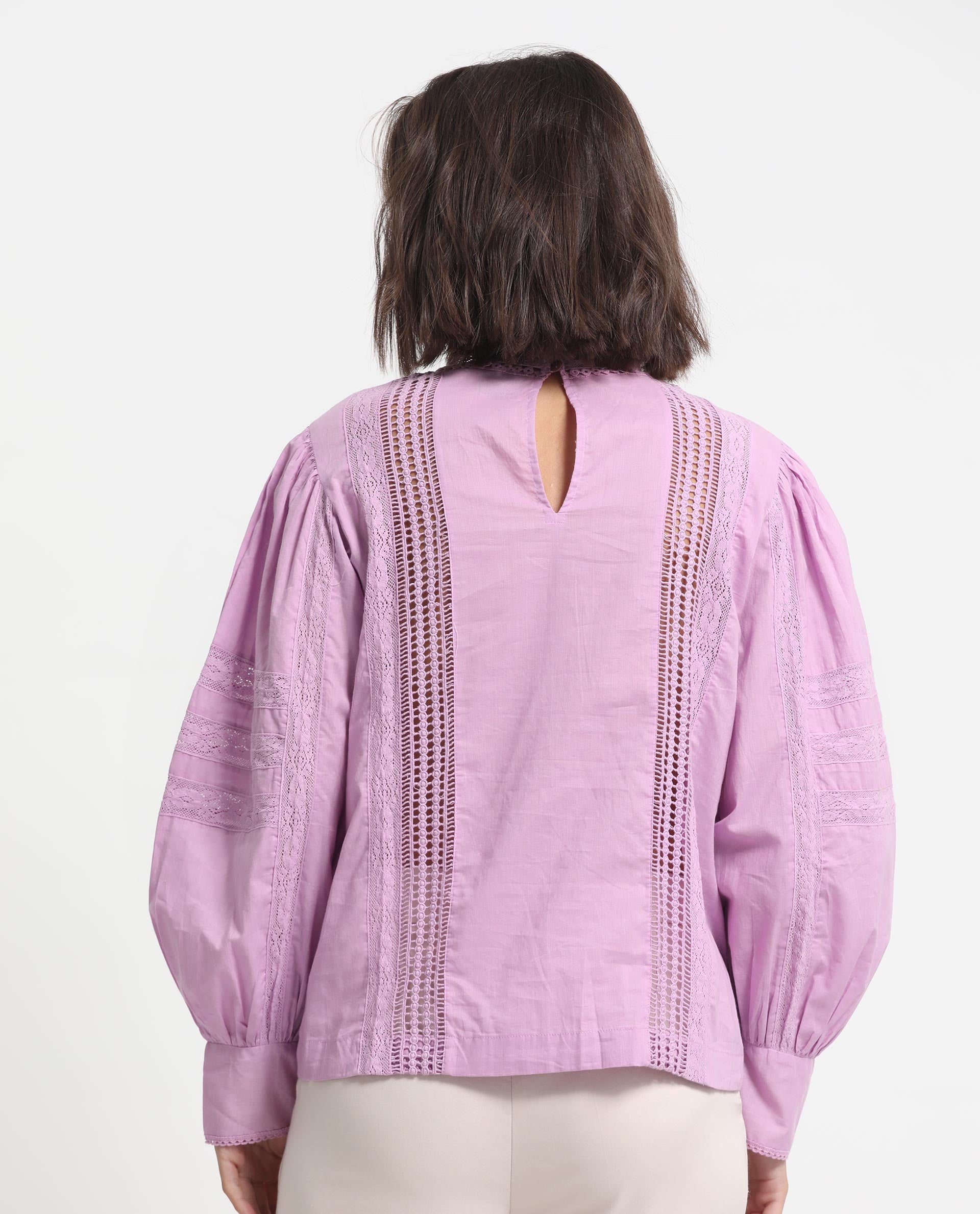 Rareism Women's Schwan Light Purple Cotton High Neck Plain Balloon Sleeve Regular Fit Top