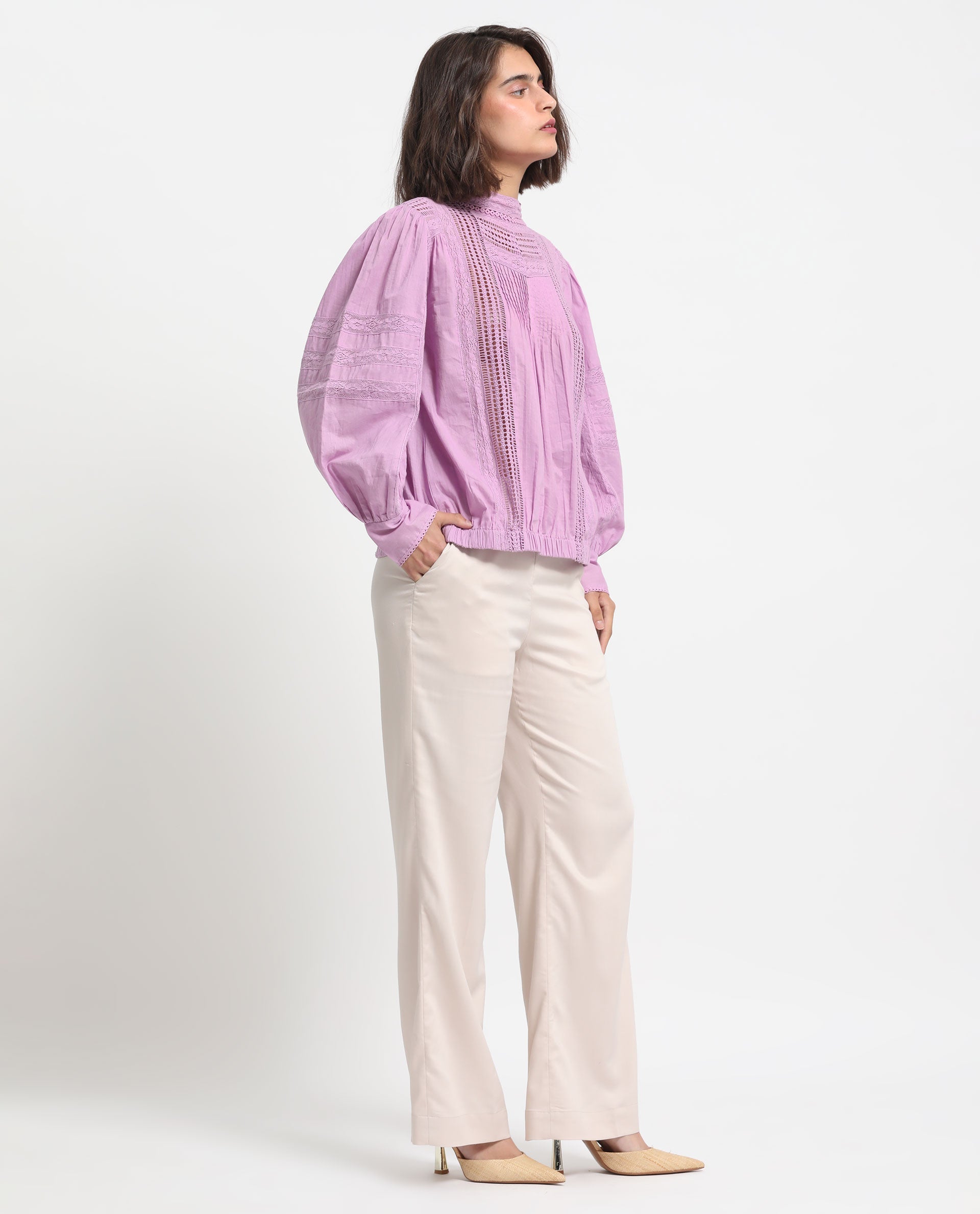 Rareism Women's Schwan Light Purple Cotton High Neck Plain Balloon Sleeve Regular Fit Top