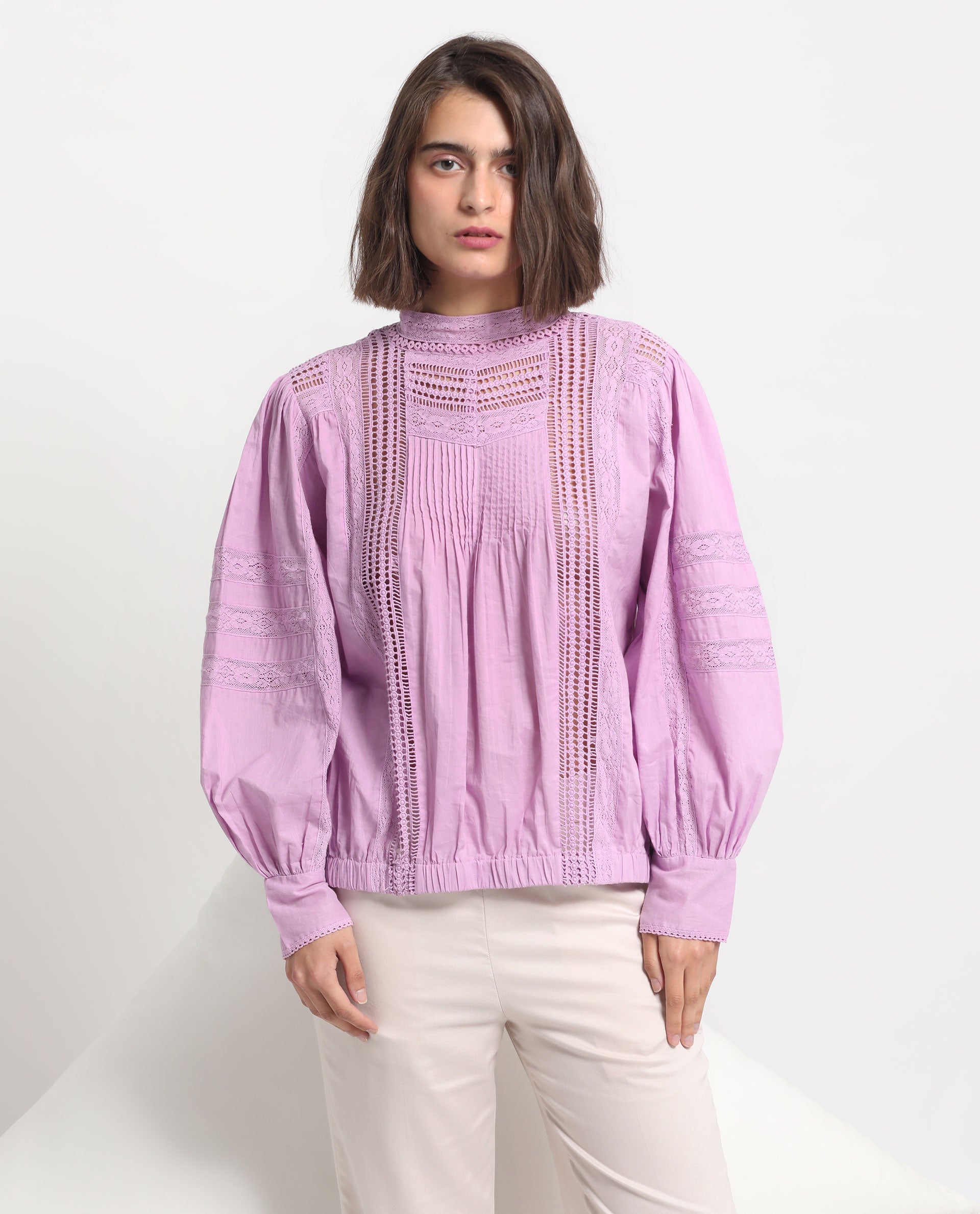 Rareism Women's Schwan Light Purple Cotton High Neck Plain Balloon Sleeve Regular Fit Top