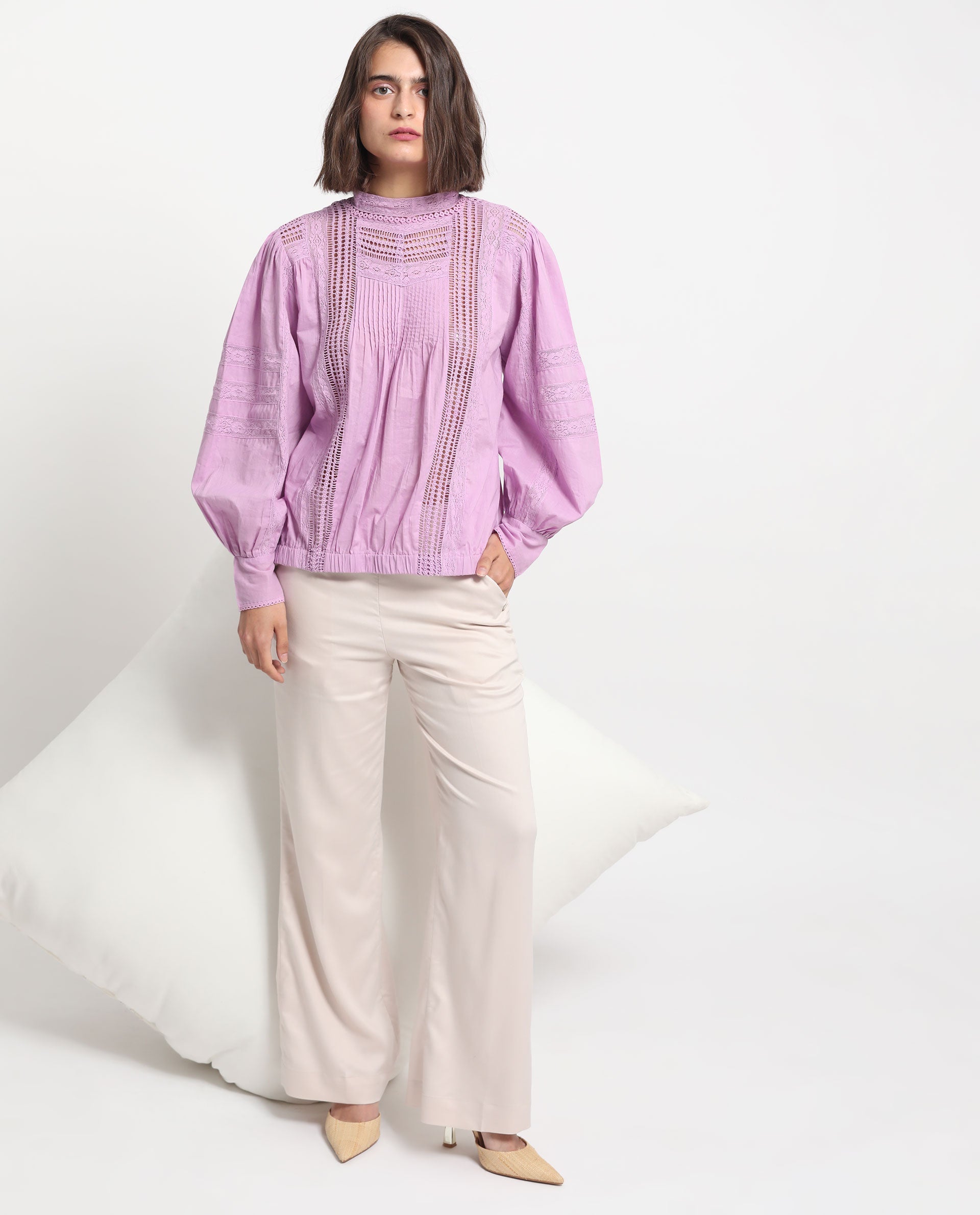 Rareism Women's Schwan Light Purple Cotton High Neck Plain Balloon Sleeve Regular Fit Top
