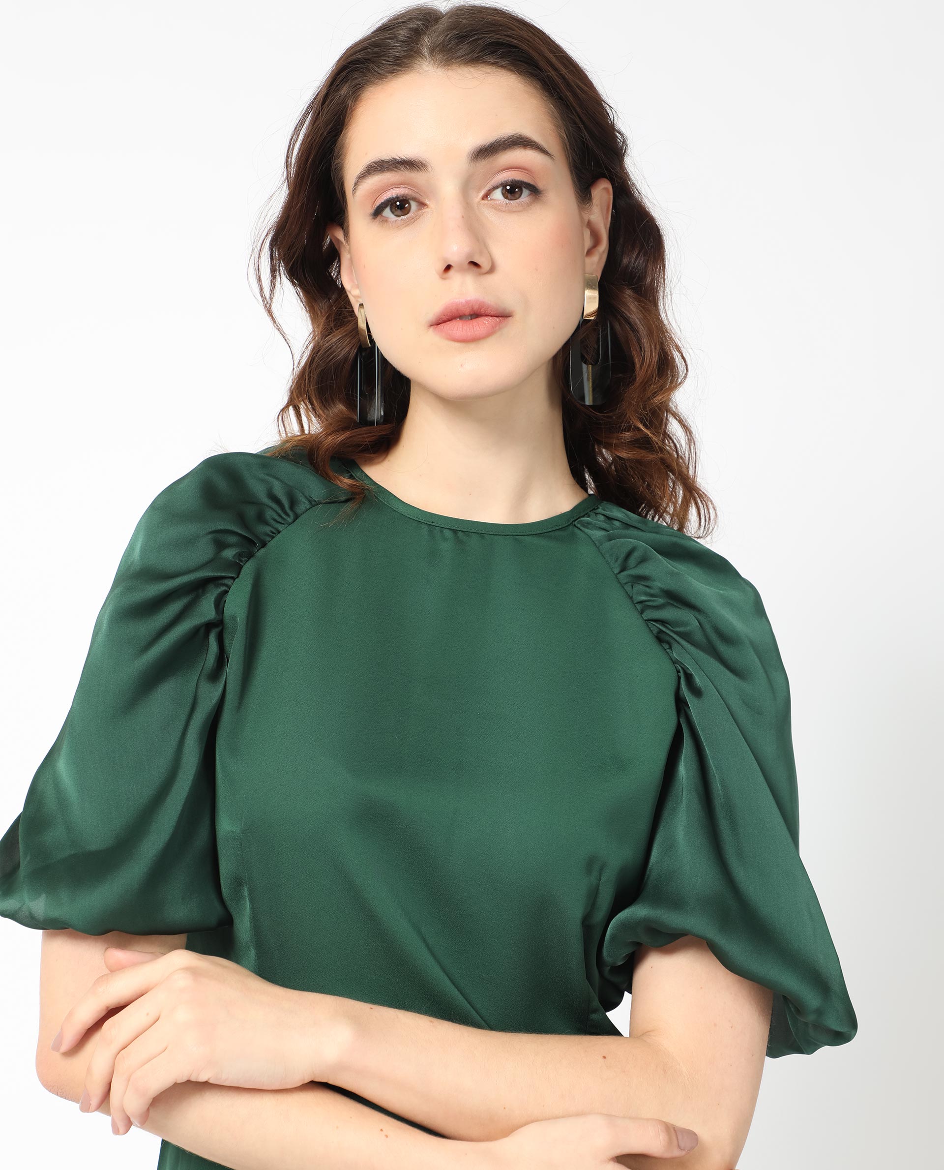 Rareism Women's Seldro Green Polyester Crew Neck Plain Puff Sleeves Mini Regular Fit Dress