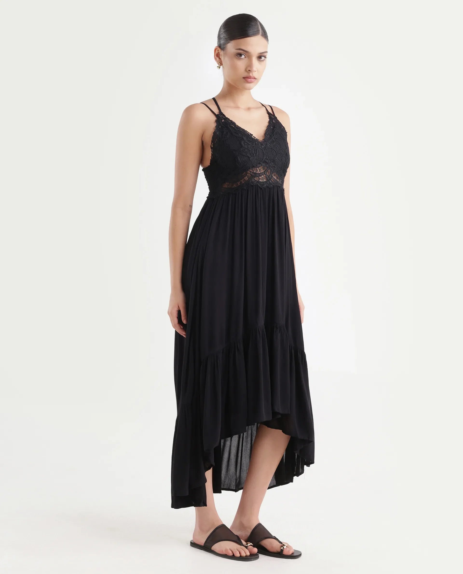 Rareism Women's Semolina Black Shoulder Strap Plain Shoulder Strap Maxi Fit And Flare Dress