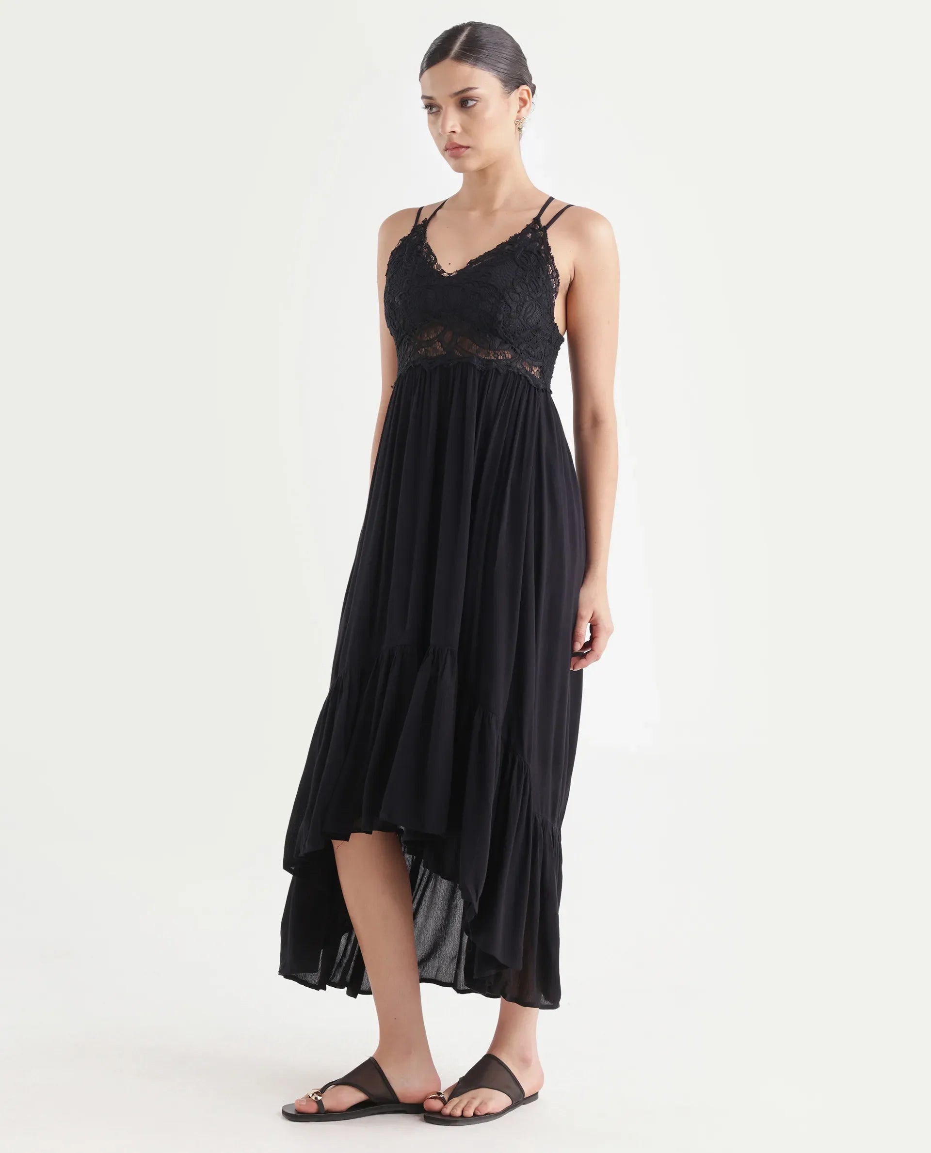 Rareism Women's Semolina Black Shoulder Strap Plain Shoulder Strap Maxi Fit And Flare Dress