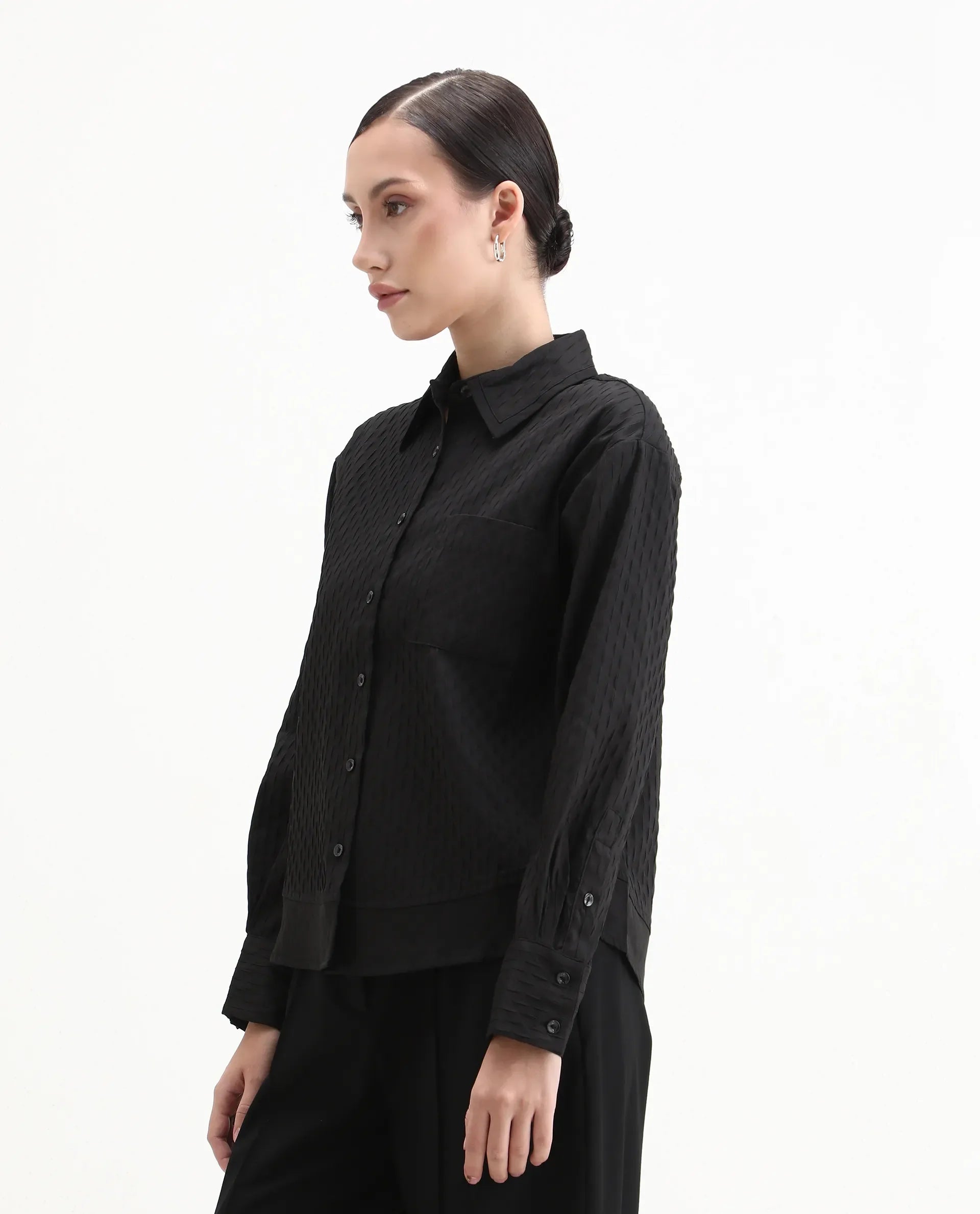 Rareism Women's Semsu Black Textured Spread Collar Plain Cuffed Sleeve Regular Fit Shirt
