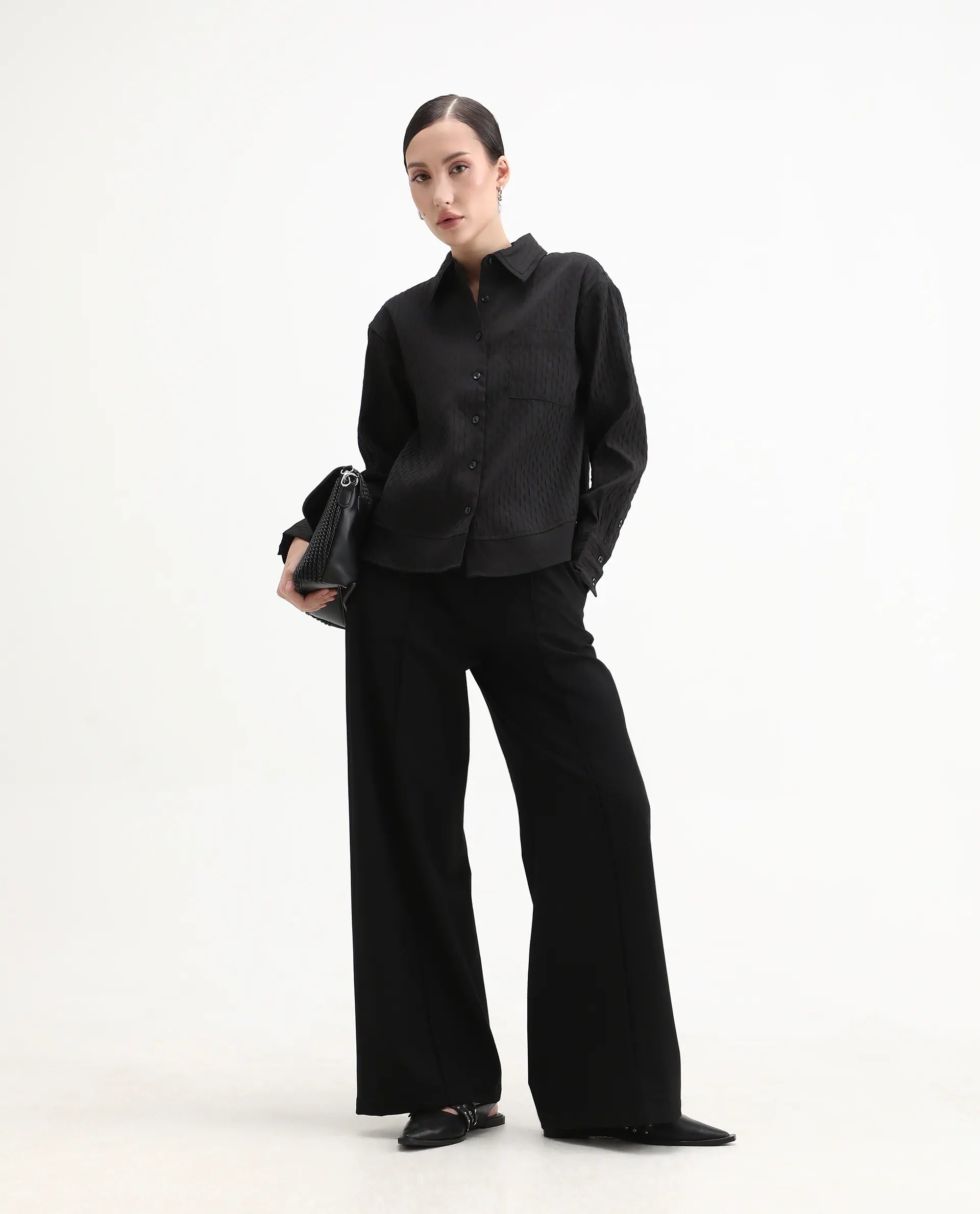 Rareism Women's Semsu Black Textured Spread Collar Plain Cuffed Sleeve Regular Fit Shirt