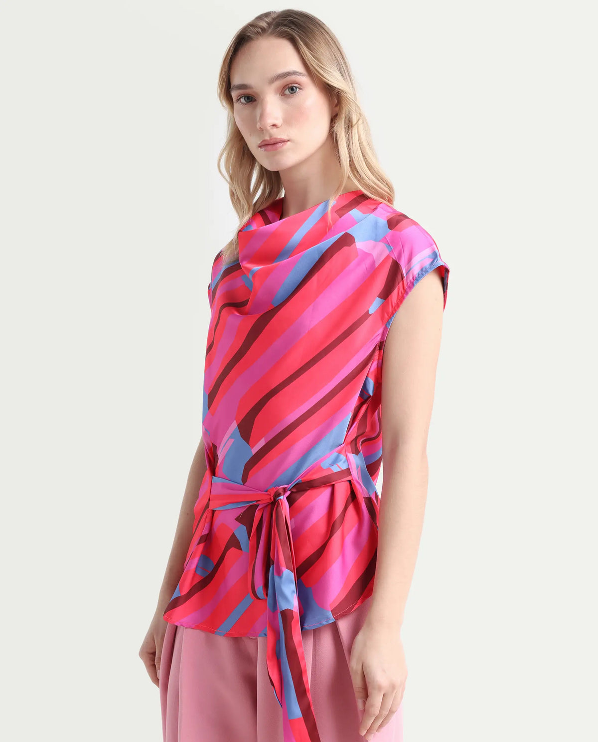 Rareism Women's Sengi Pink Polyester Cowl Neck Abstract Print Extended Sleeves Regular Fit Top