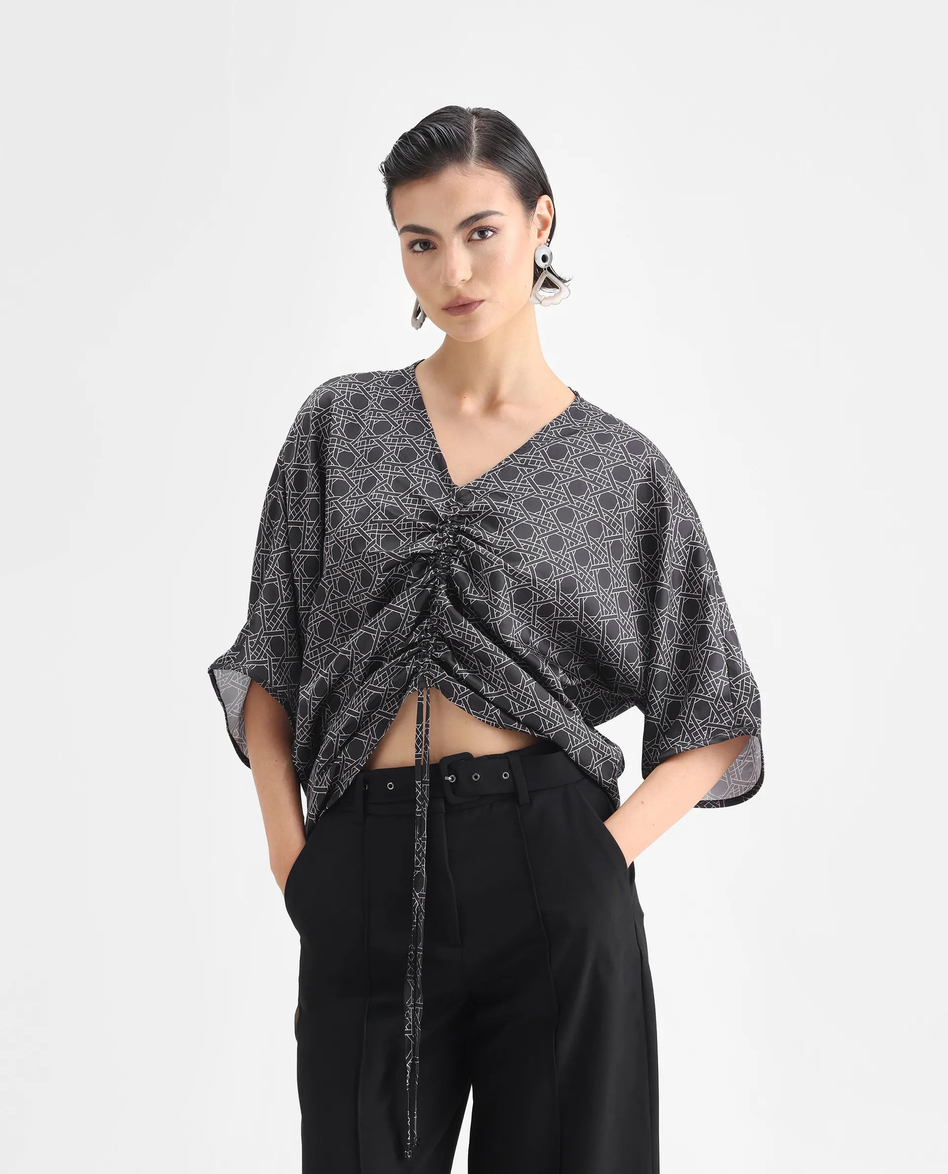 Rareism Women's Sepia Dark Black Polyester V-Neck Geometric Print Extended Sleeves Regular Fit Top