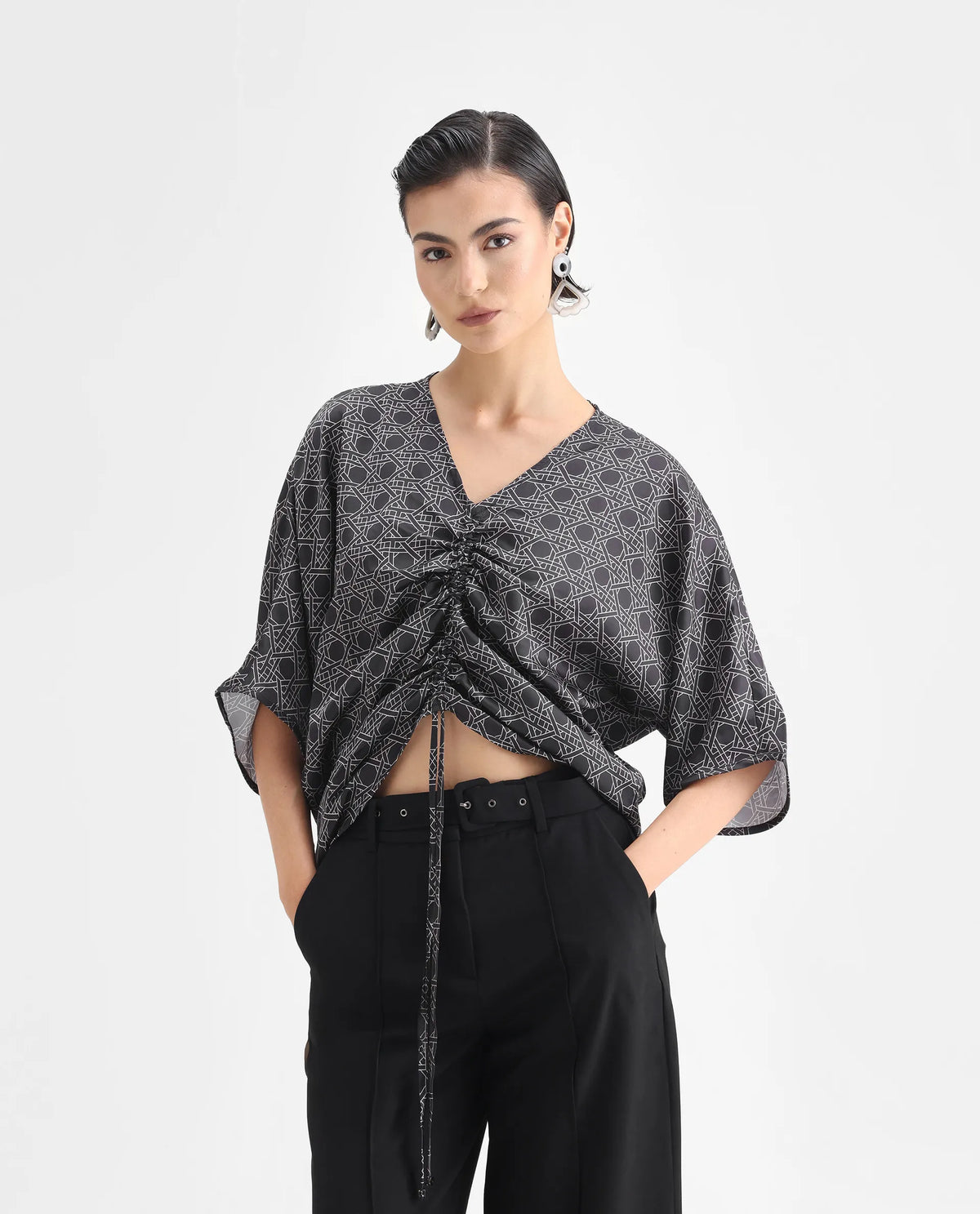 Rareism Women's Sepia Dark Black Polyester V-Neck Geometric Print Extended Sleeves Regular Fit Top