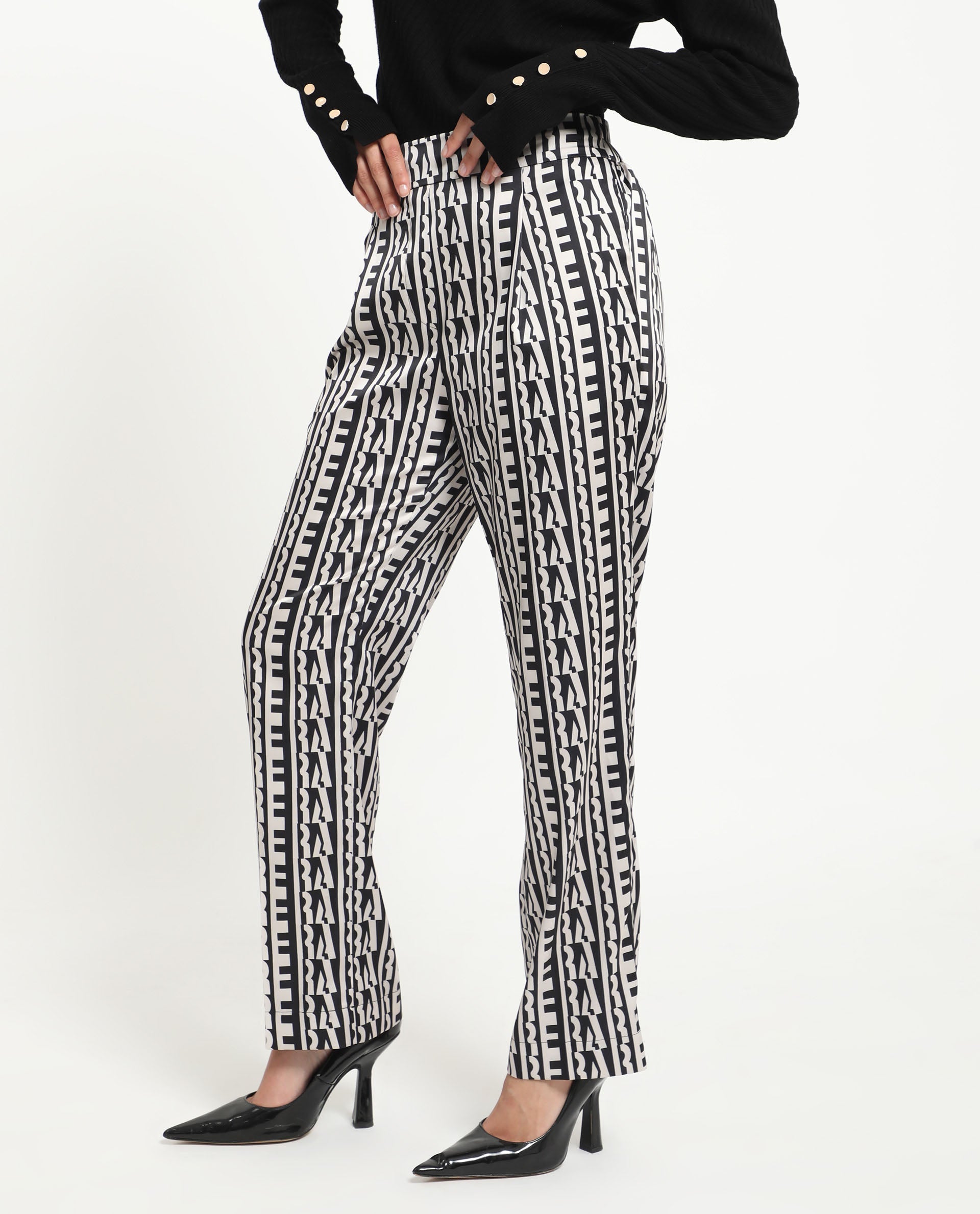 Rareism Women's Atantit Black Polyester Geometric Print Ankle Length Tailored Trouser