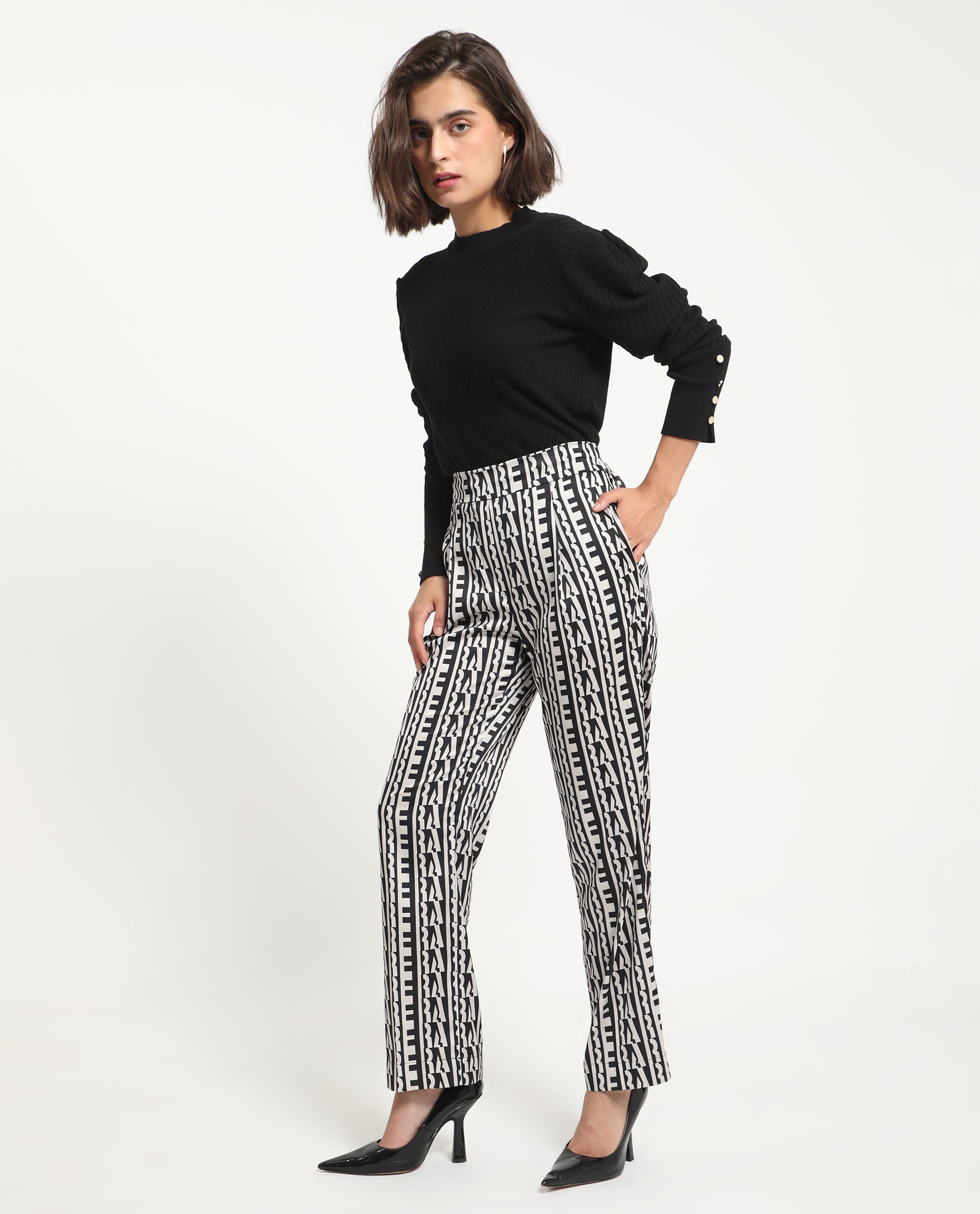 Rareism Women's Atantit Black Polyester Geometric Print Ankle Length Tailored Trouser