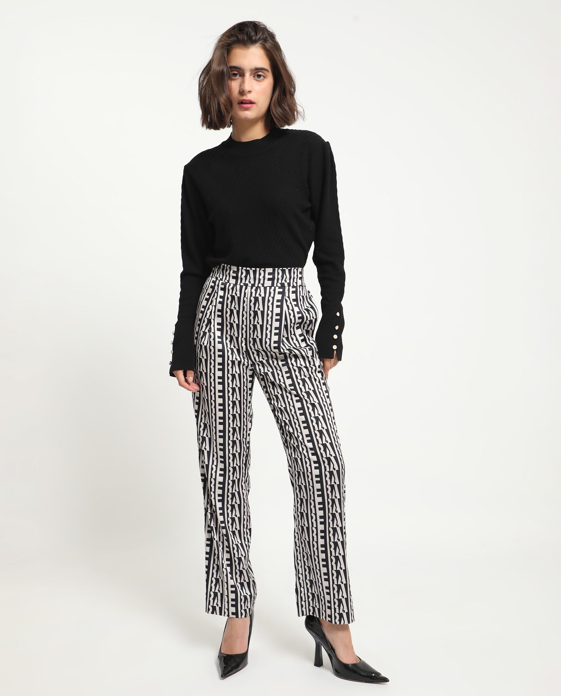 Rareism Women's Atantit Black Polyester Geometric Print Ankle Length Tailored Trouser