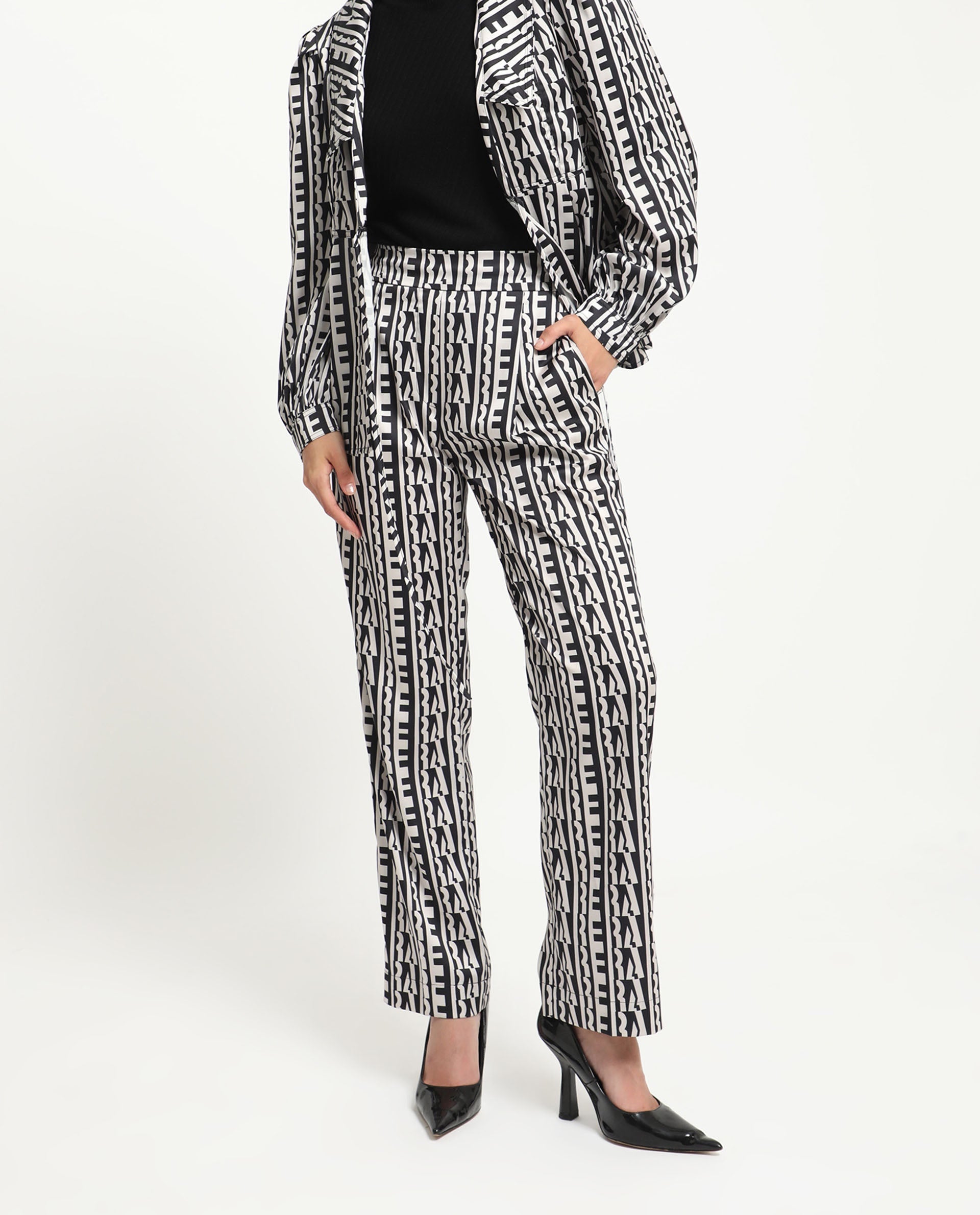 Rareism Women's Atantit Black Polyester Geometric Print Ankle Length Tailored Trouser