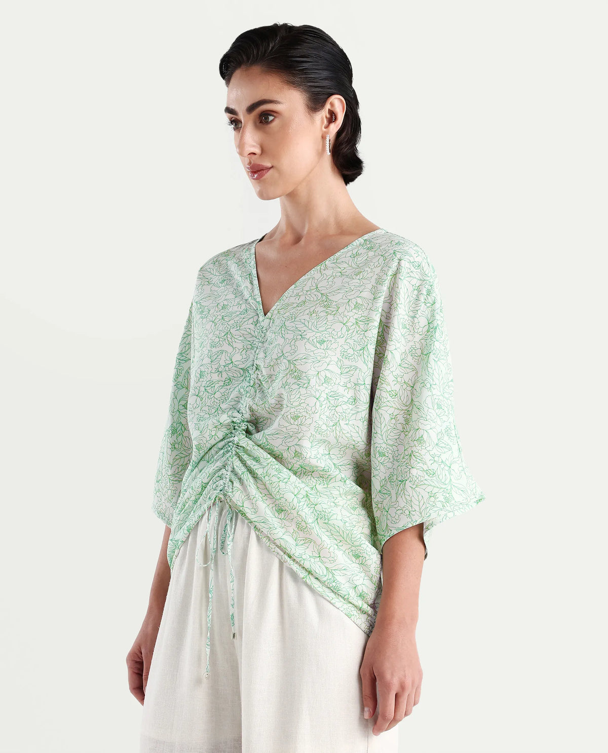Rareism Women's Sepio-T Light Green Viscose V-Neck Floral Print Extended Sleeves Relaxed Fit Top