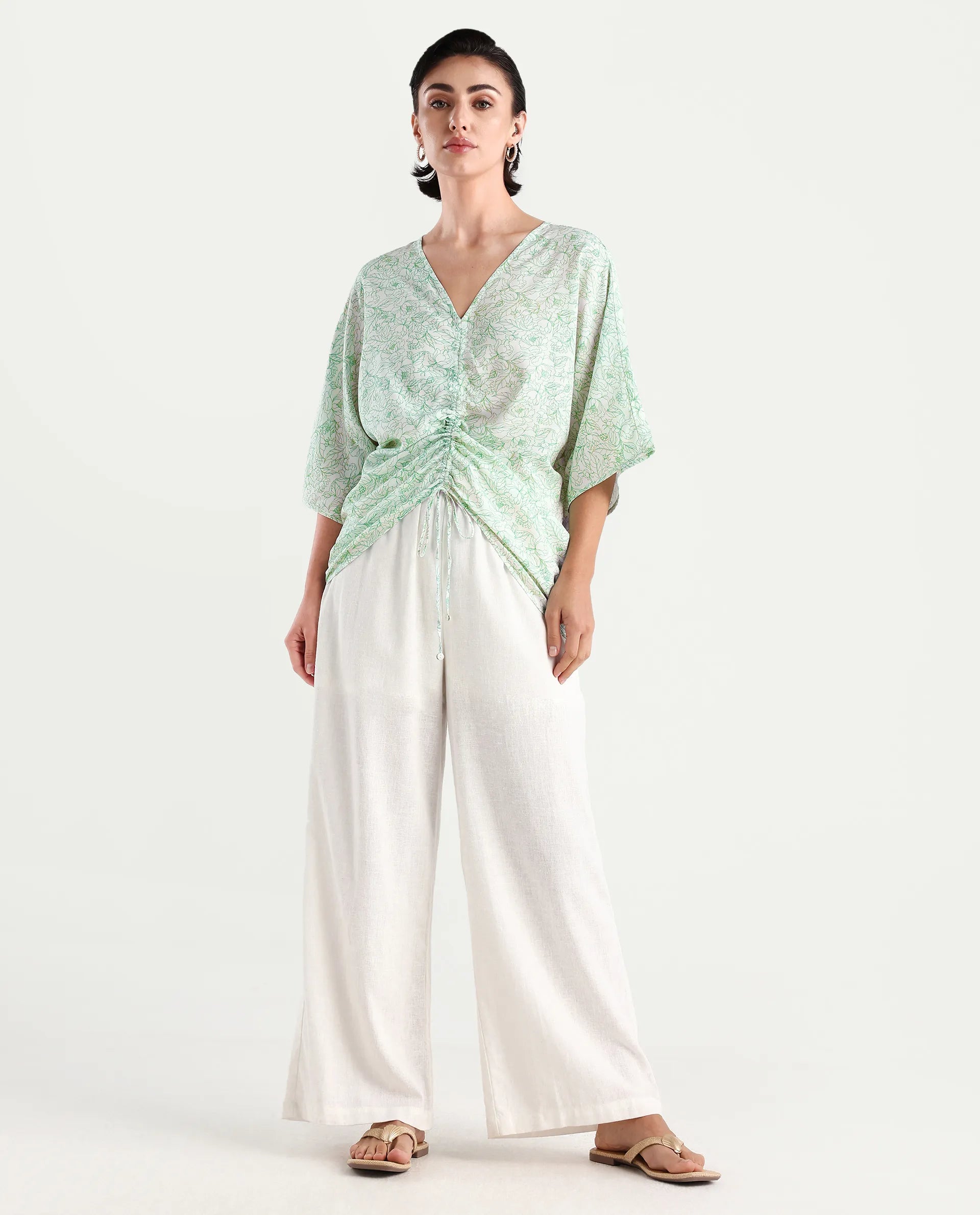 Rareism Women's Sepio-T Light Green Viscose V-Neck Floral Print Extended Sleeves Relaxed Fit Top