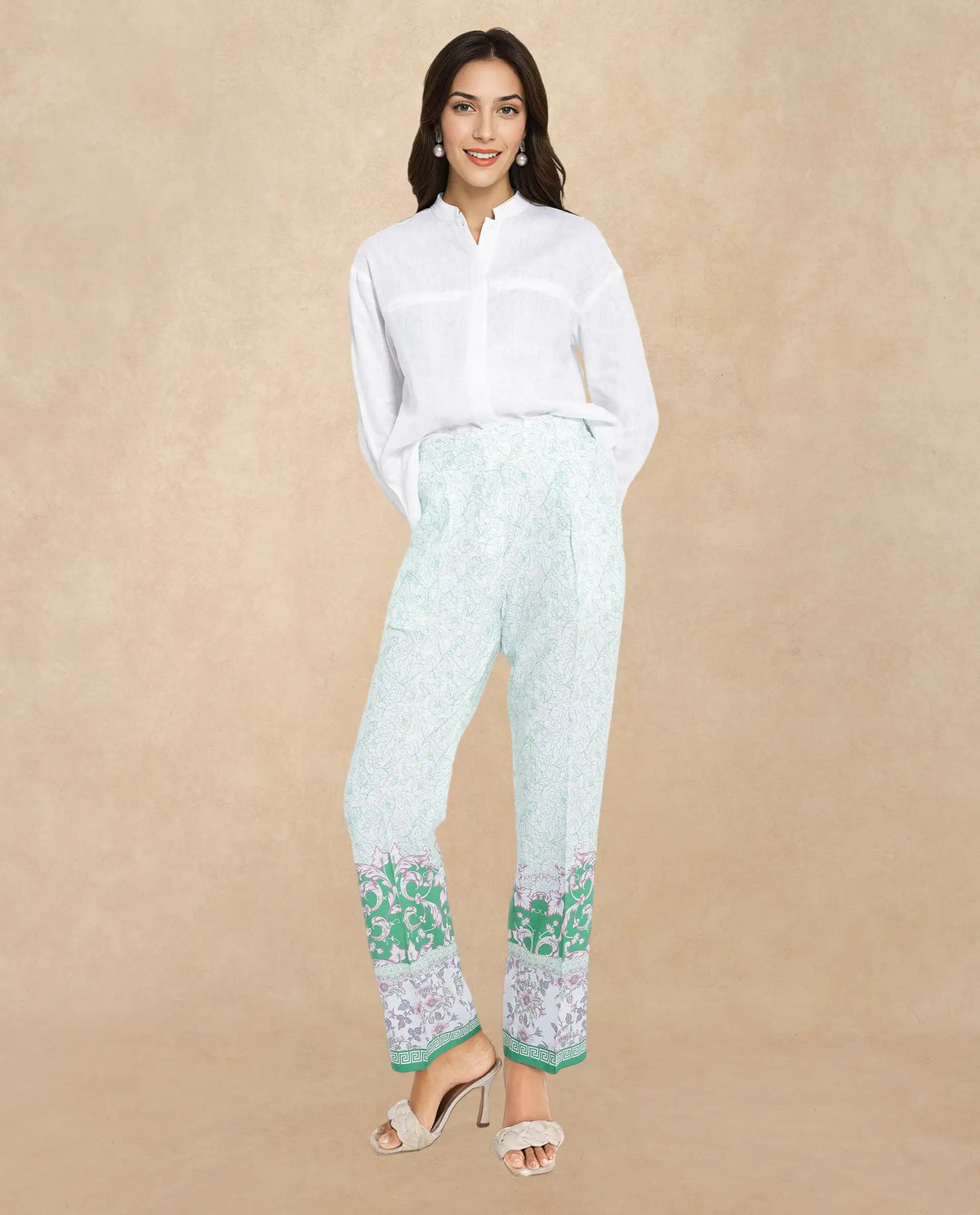 Rareism Women Sepio-B Light Green Tie Up Closure Straight Fit Ankle Length Abstract Print Trouser