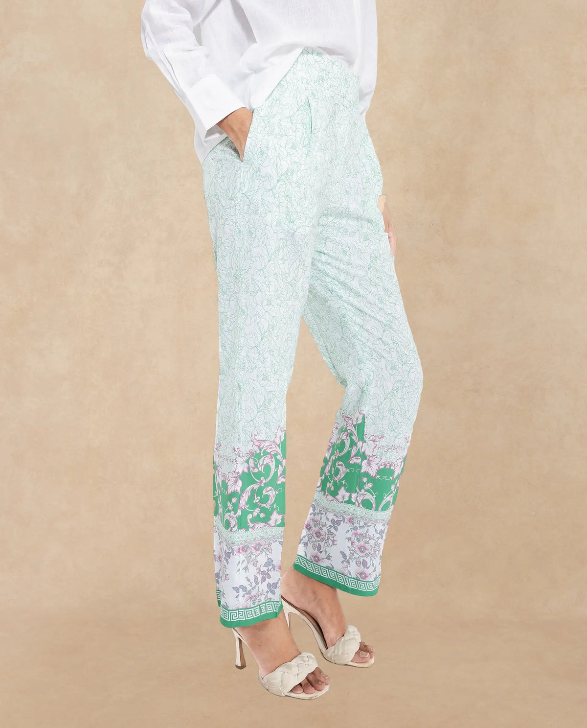 Rareism Women Sepio-B Light Green Tie Up Closure Straight Fit Ankle Length Abstract Print Trouser