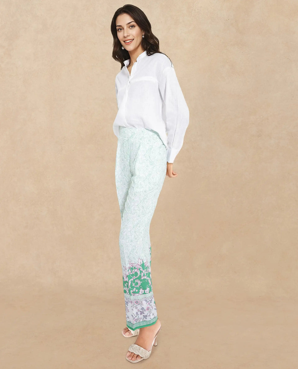 Rareism Women Sepio-B Light Green Tie Up Closure Straight Fit Ankle Length Abstract Print Trouser