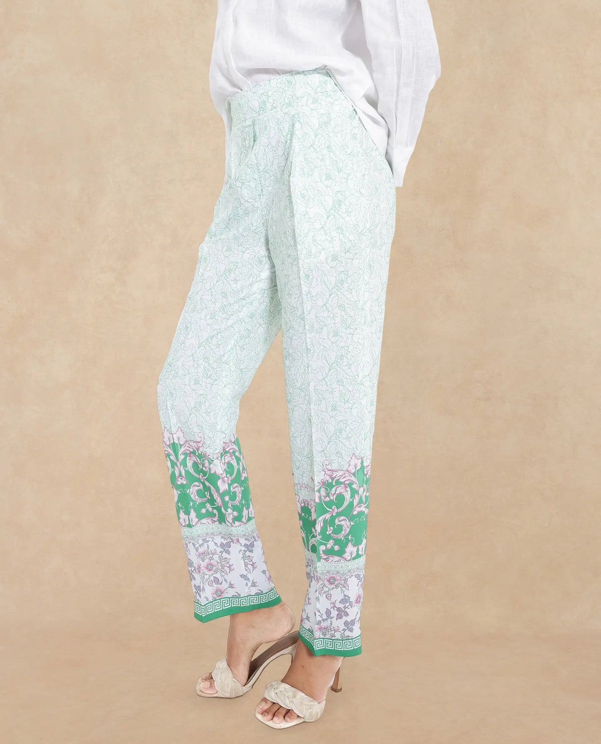 Rareism Women Sepio-B Light Green Tie Up Closure Straight Fit Ankle Length Abstract Print Trouser