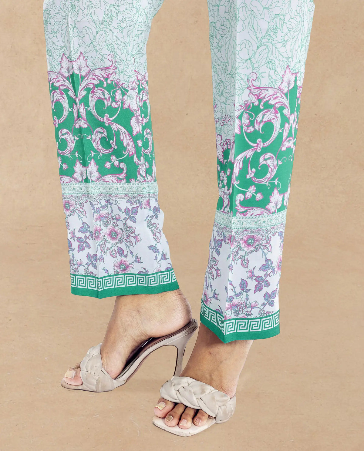 Rareism Women Sepio-B Light Green Tie Up Closure Straight Fit Ankle Length Abstract Print Trouser