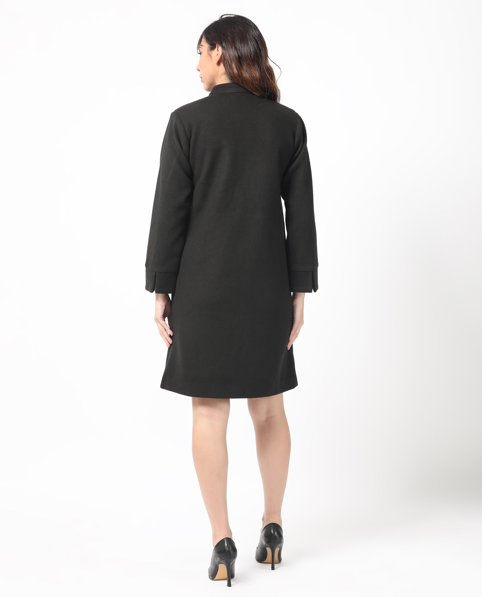 Rareism Women's Sera Black Polyester High Neck Plain Knee Length Regular Fit Jacket