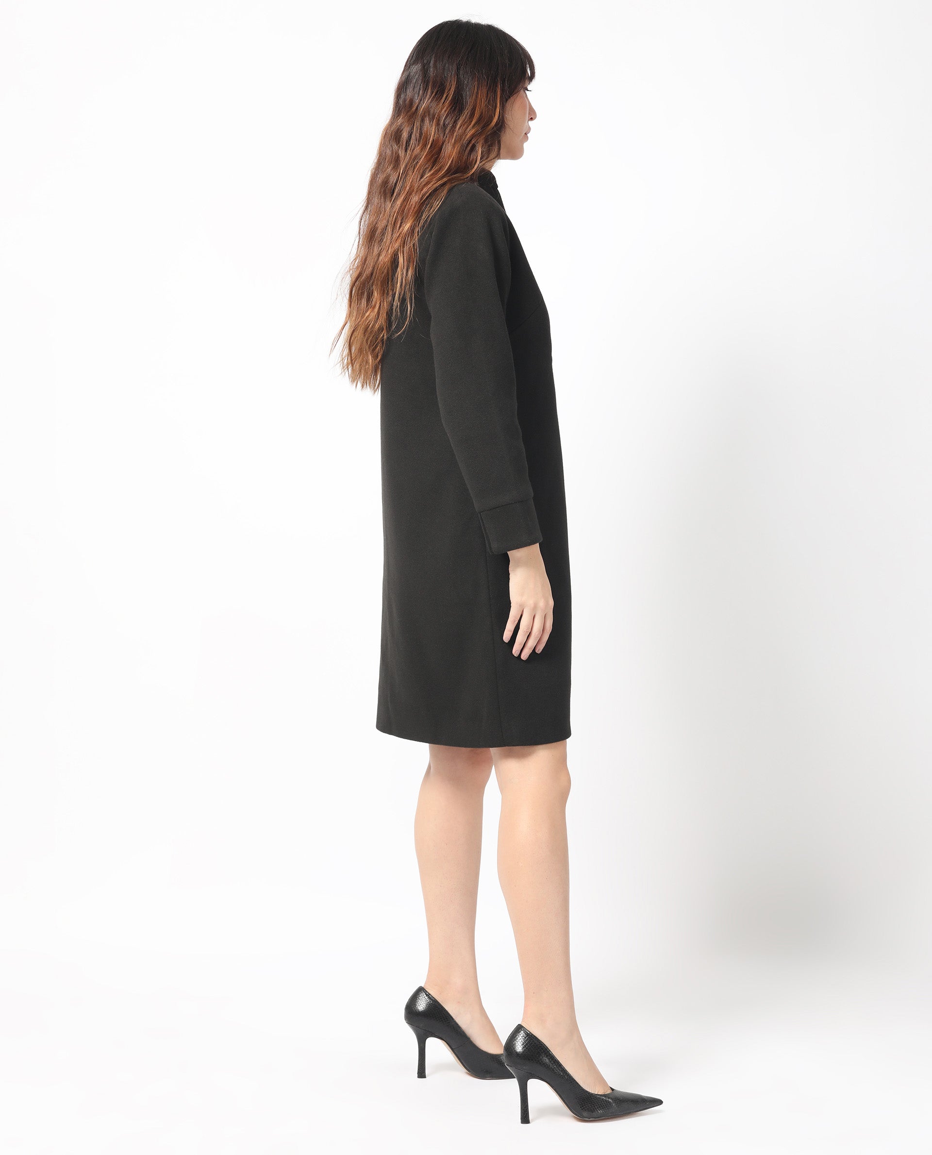 Rareism Women's Sera Black Polyester High Neck Plain Knee Length Regular Fit Jacket