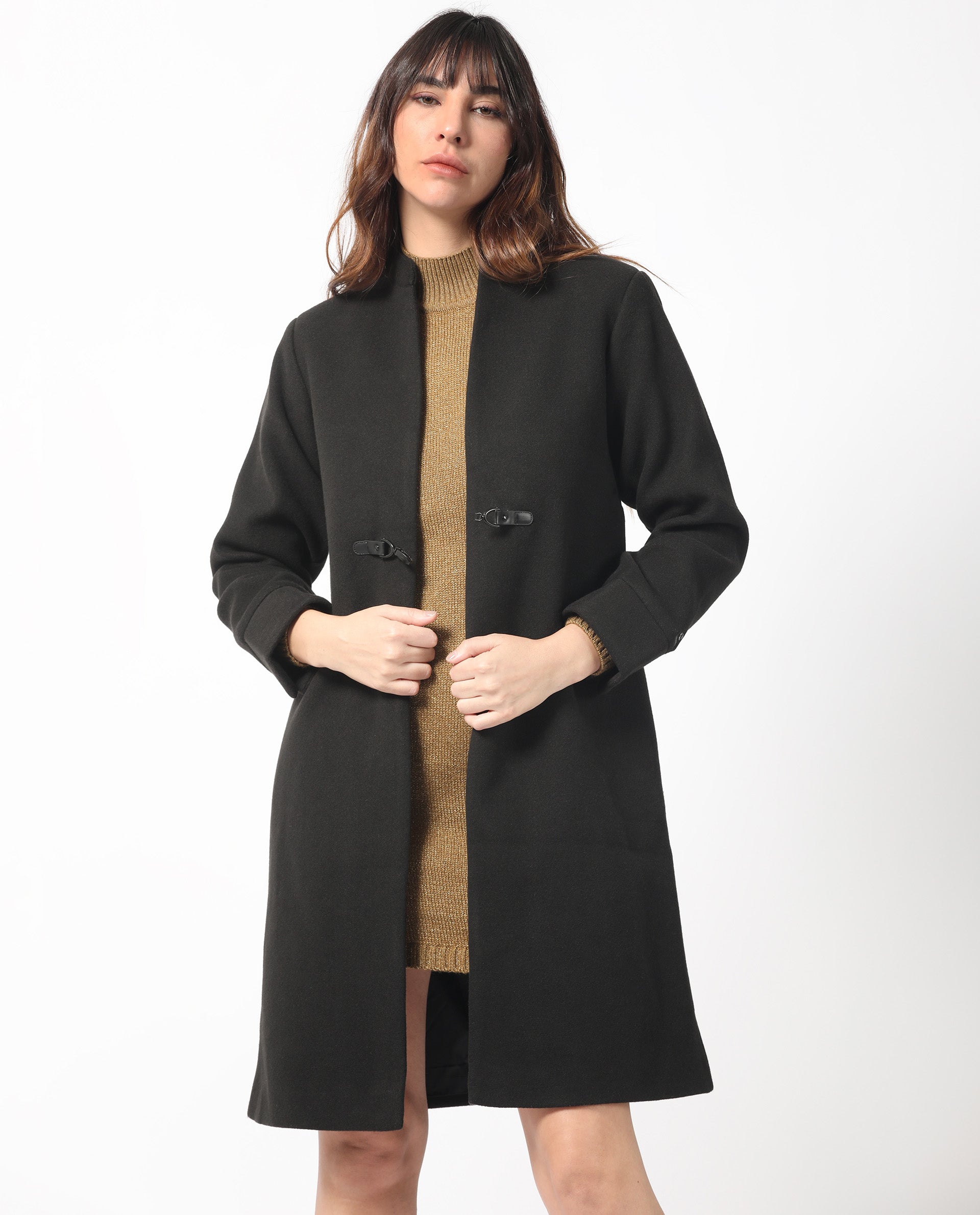 Rareism Women's Sera Black Polyester High Neck Plain Knee Length Regular Fit Jacket