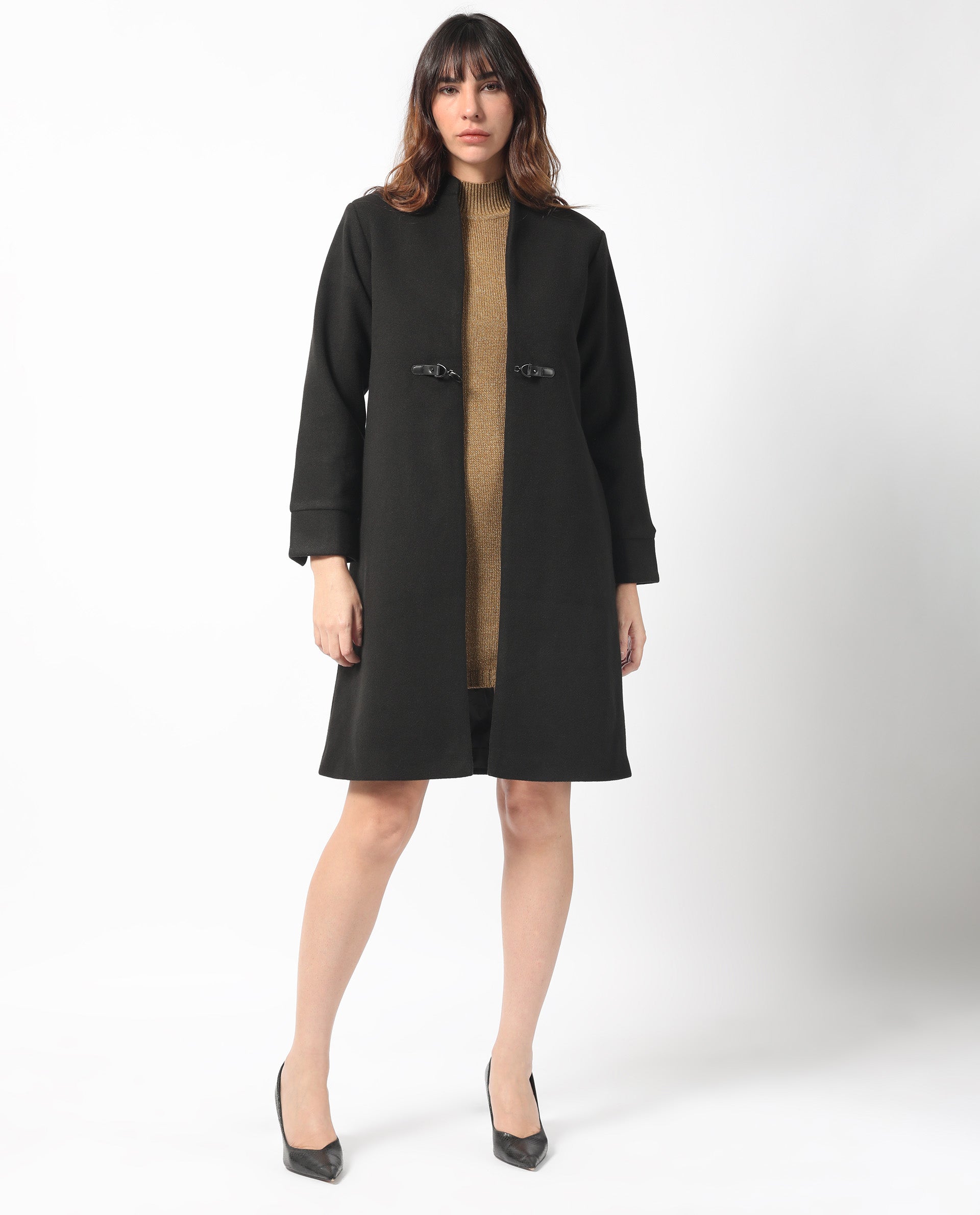 Rareism Women's Sera Black Polyester High Neck Plain Knee Length Regular Fit Jacket