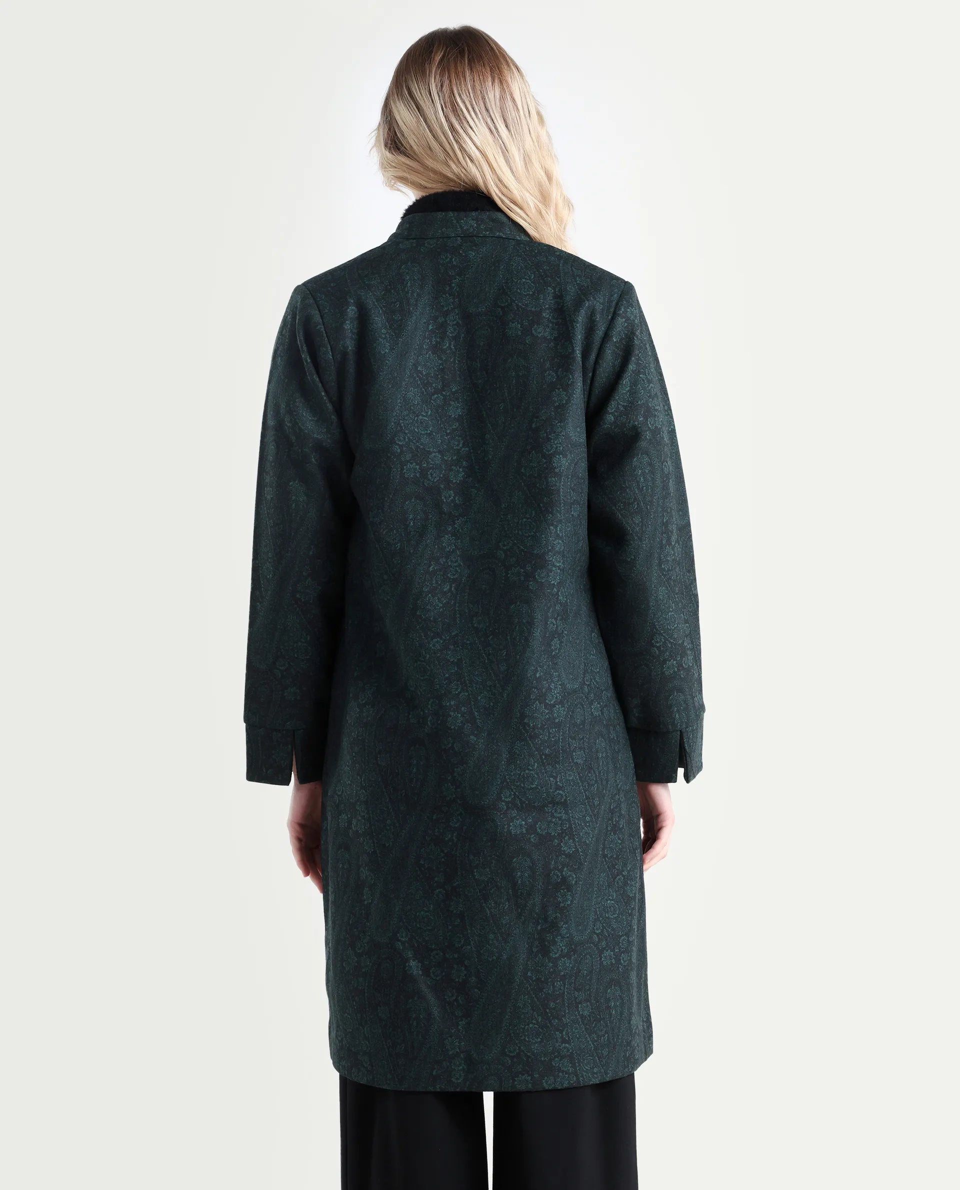 Rareism Women's Sera Green Polyester High Neck Paisley Print Knee Length Regular Fit Jacket