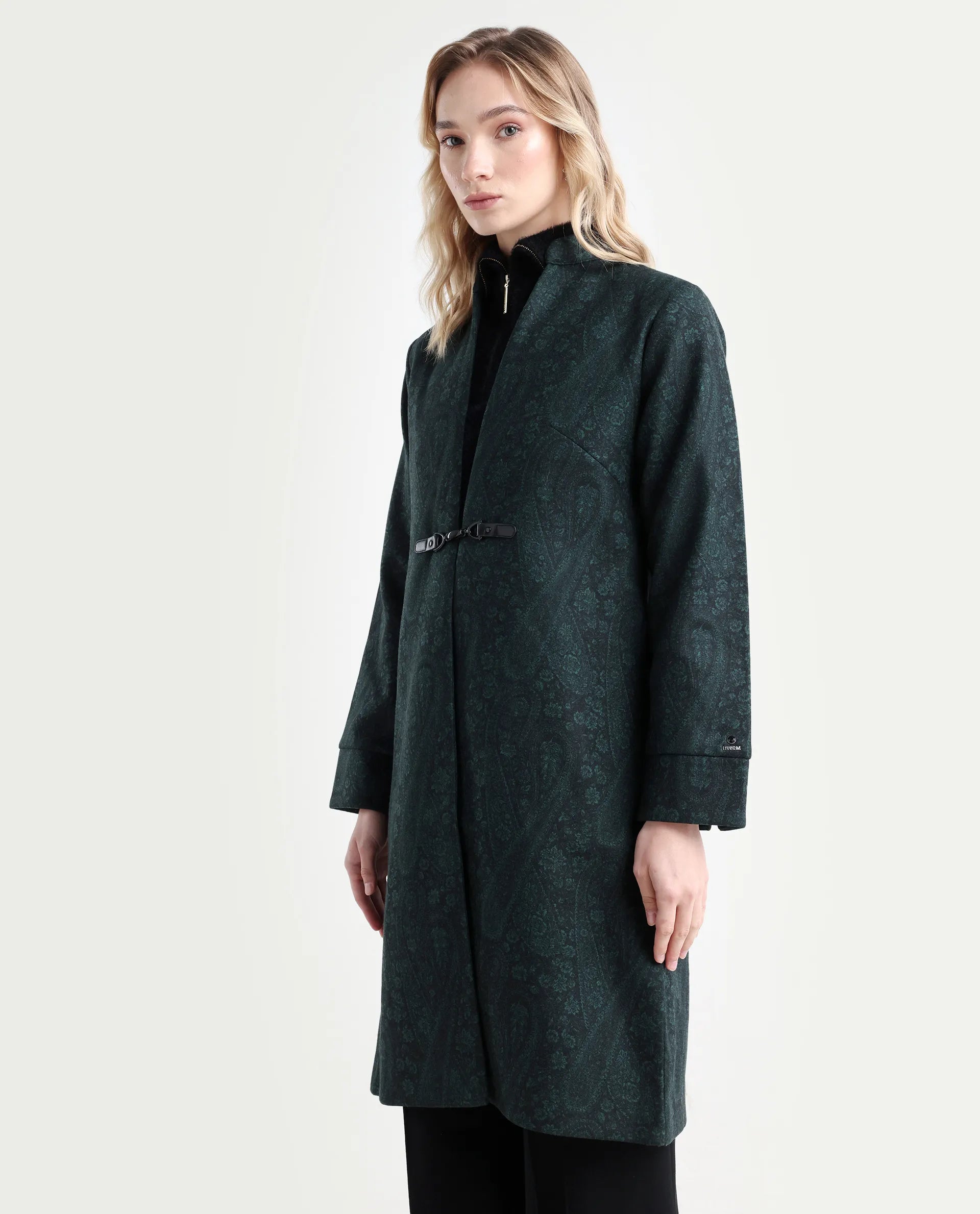 Rareism Women's Sera Green Polyester High Neck Paisley Print Knee Length Regular Fit Jacket