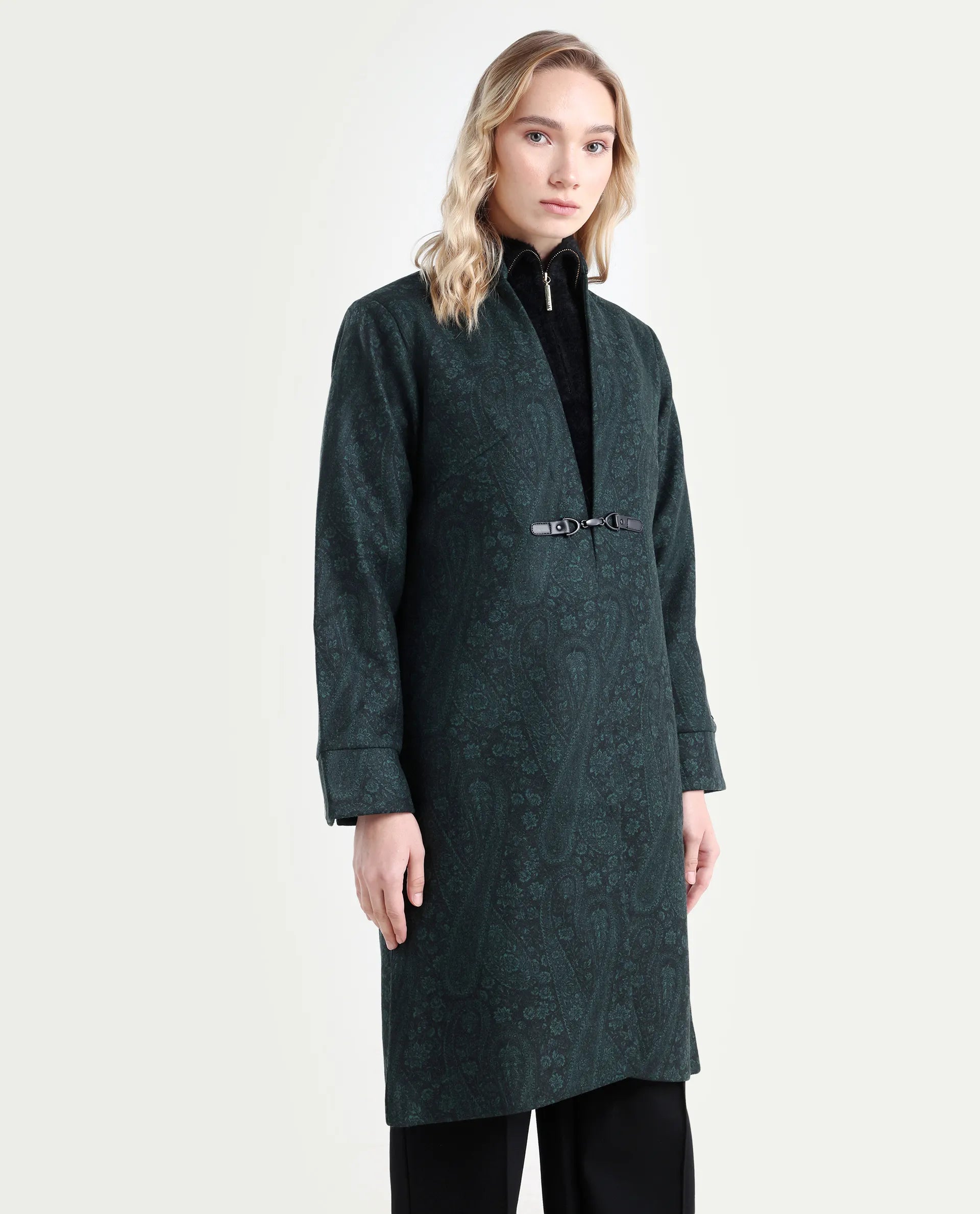 Rareism Women's Sera Green Polyester High Neck Paisley Print Knee Length Regular Fit Jacket