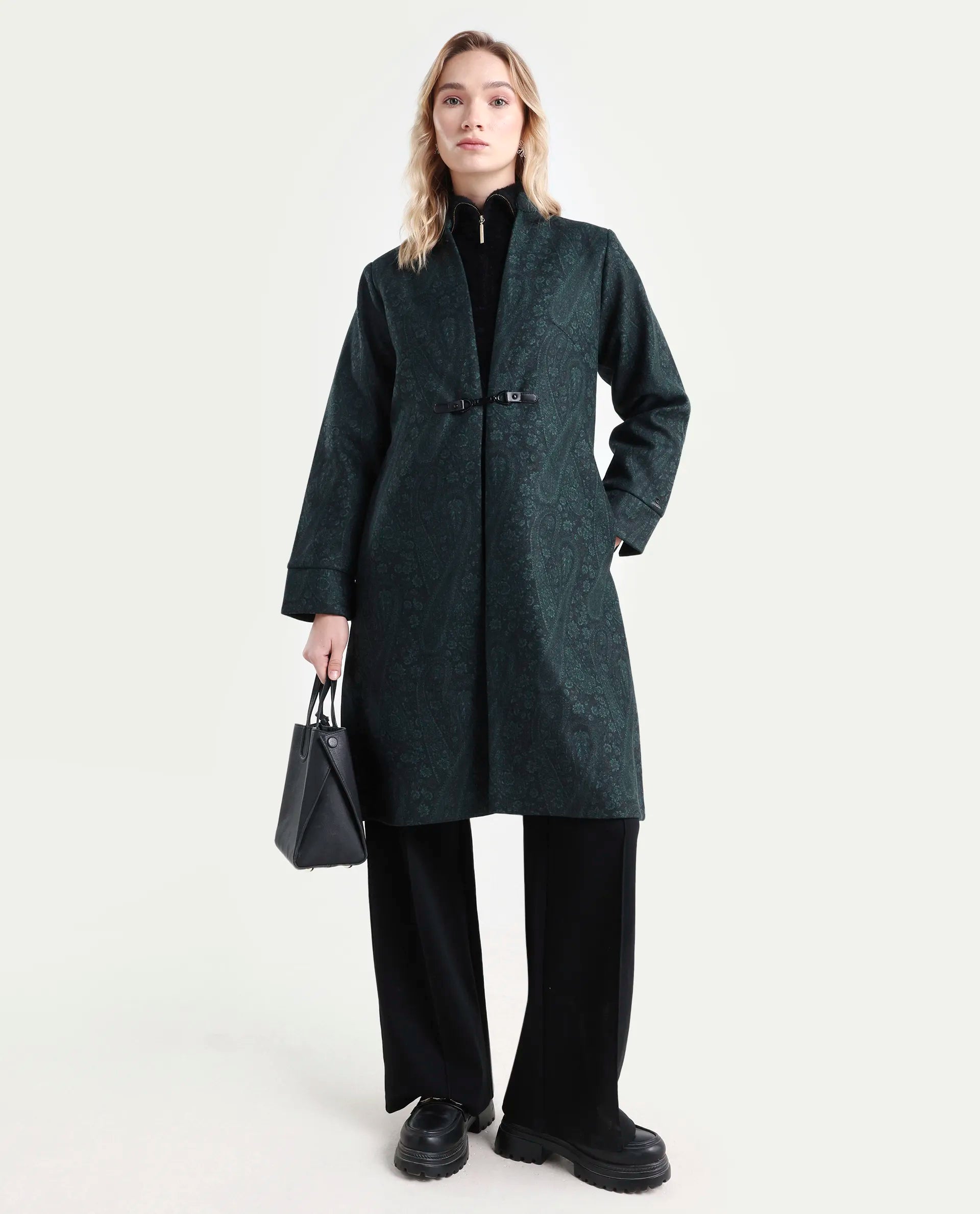 Rareism Women's Sera Green Polyester High Neck Paisley Print Knee Length Regular Fit Jacket