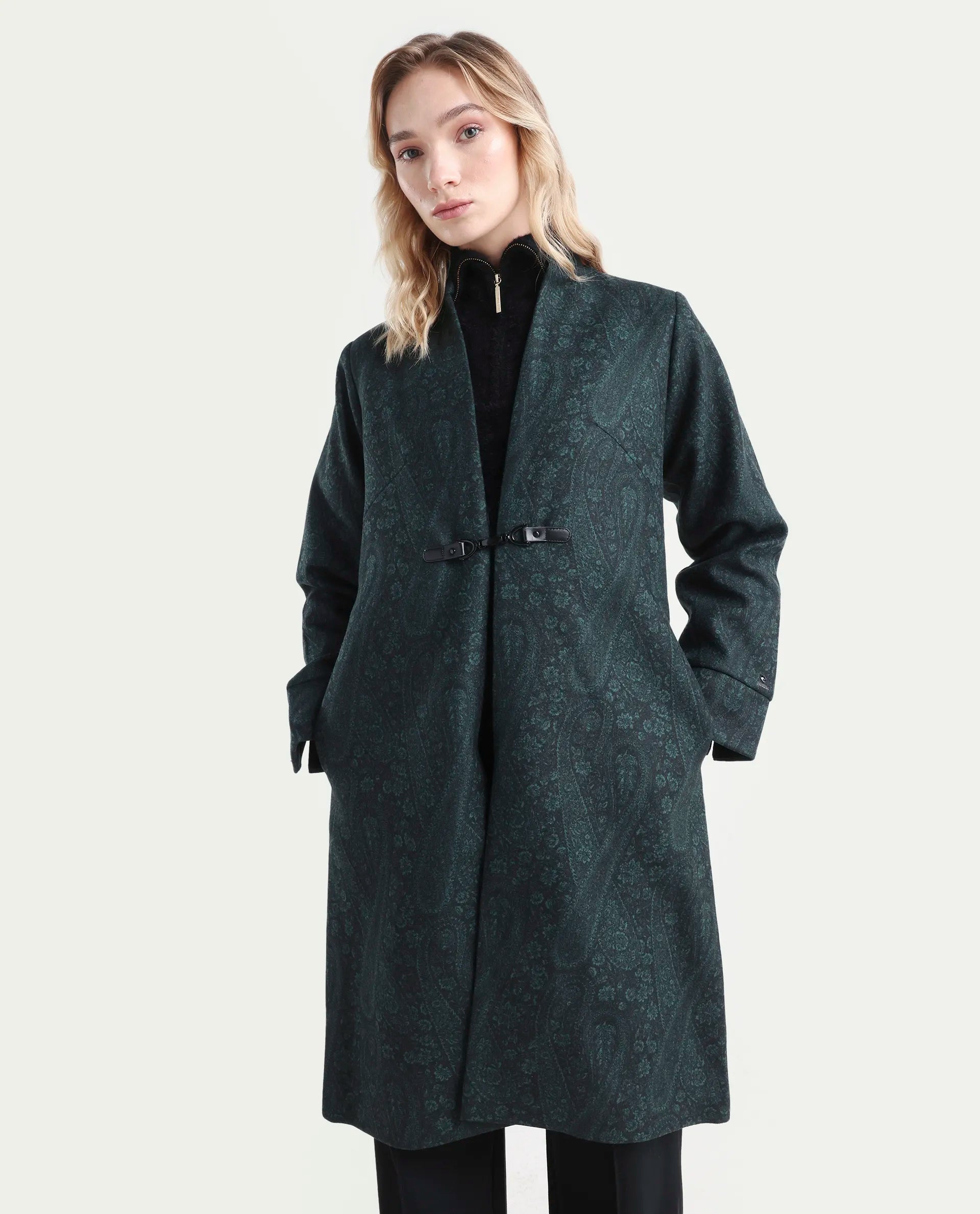Rareism Women's Sera Green Polyester High Neck Paisley Print Knee Length Regular Fit Jacket