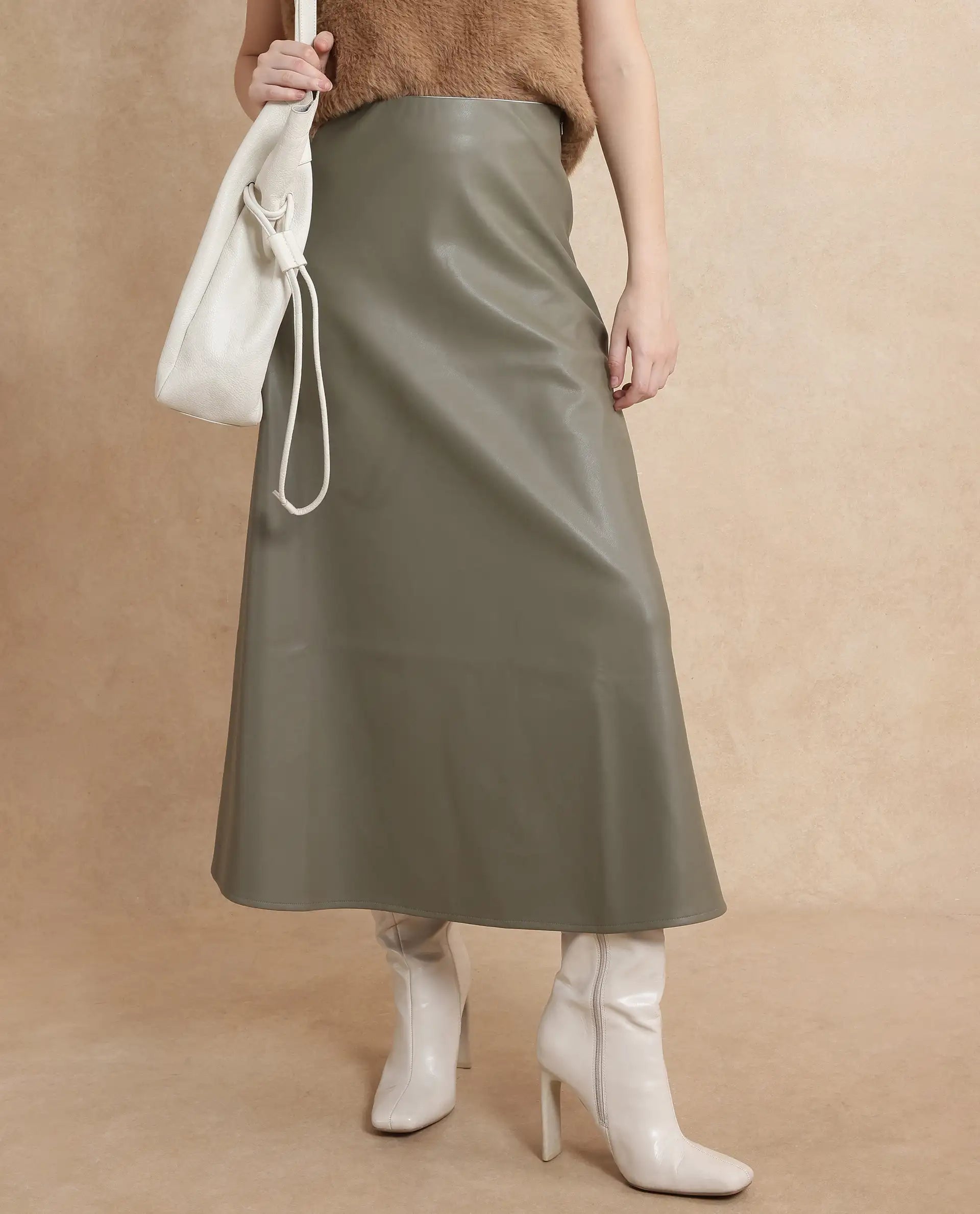 Rareism Women Serdo Olive Polyester Fabric Short Sleeve Plain Skirt