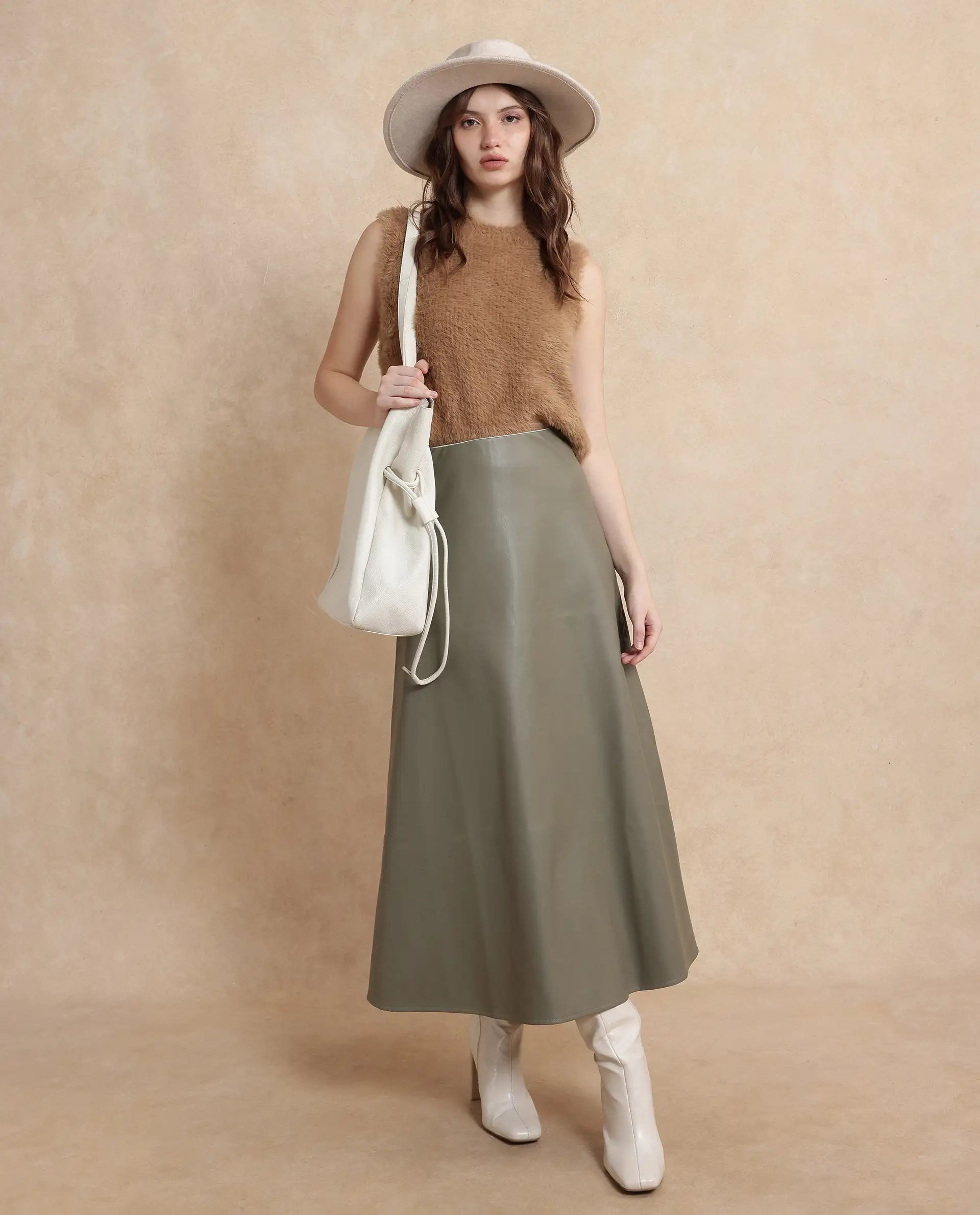 Rareism Women Serdo Olive Polyester Fabric Short Sleeve Plain Skirt