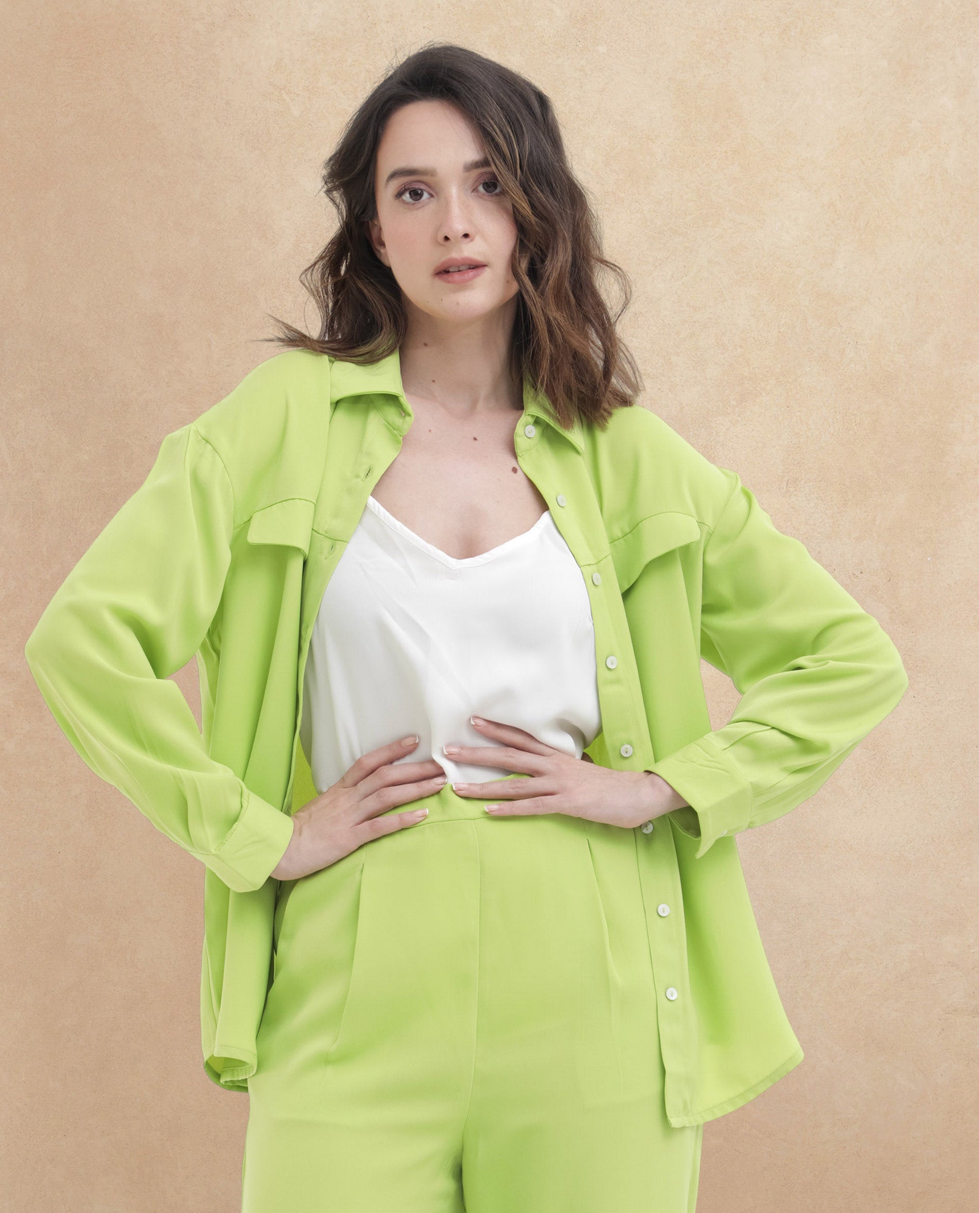 Rareism Women Sergey Green Polyester Fabric Full Sleeves Button Closure Collared Neck Cuffed Sleeve Regular Fit Plain Shirt