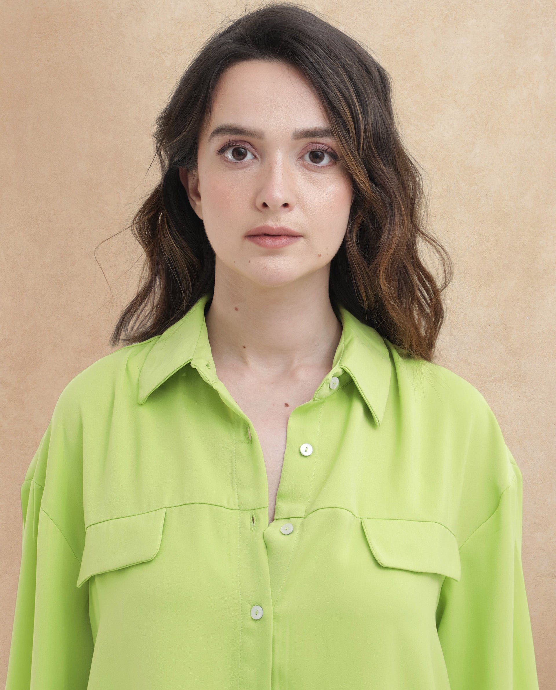 Rareism Women Sergey Green Polyester Fabric Full Sleeves Button Closure Collared Neck Cuffed Sleeve Regular Fit Plain Shirt