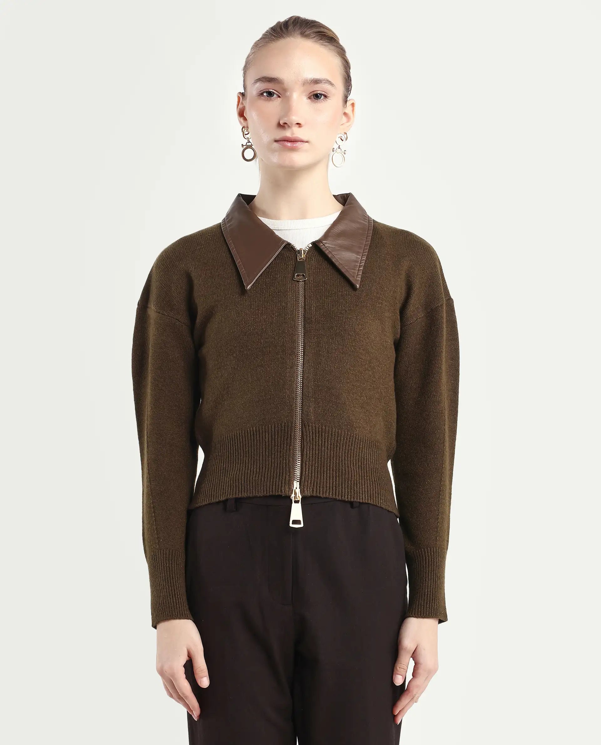 Rareism Women's Serpen Brown Drop Collar Plain Relaxed Fit Jacket