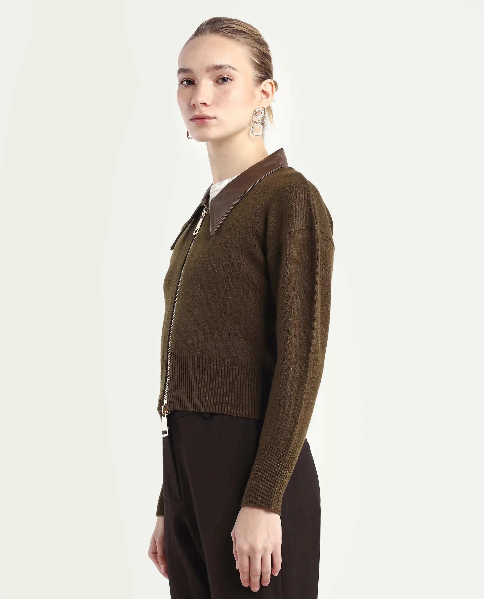 Rareism Women's Serpen Brown Drop Collar Plain Relaxed Fit Jacket