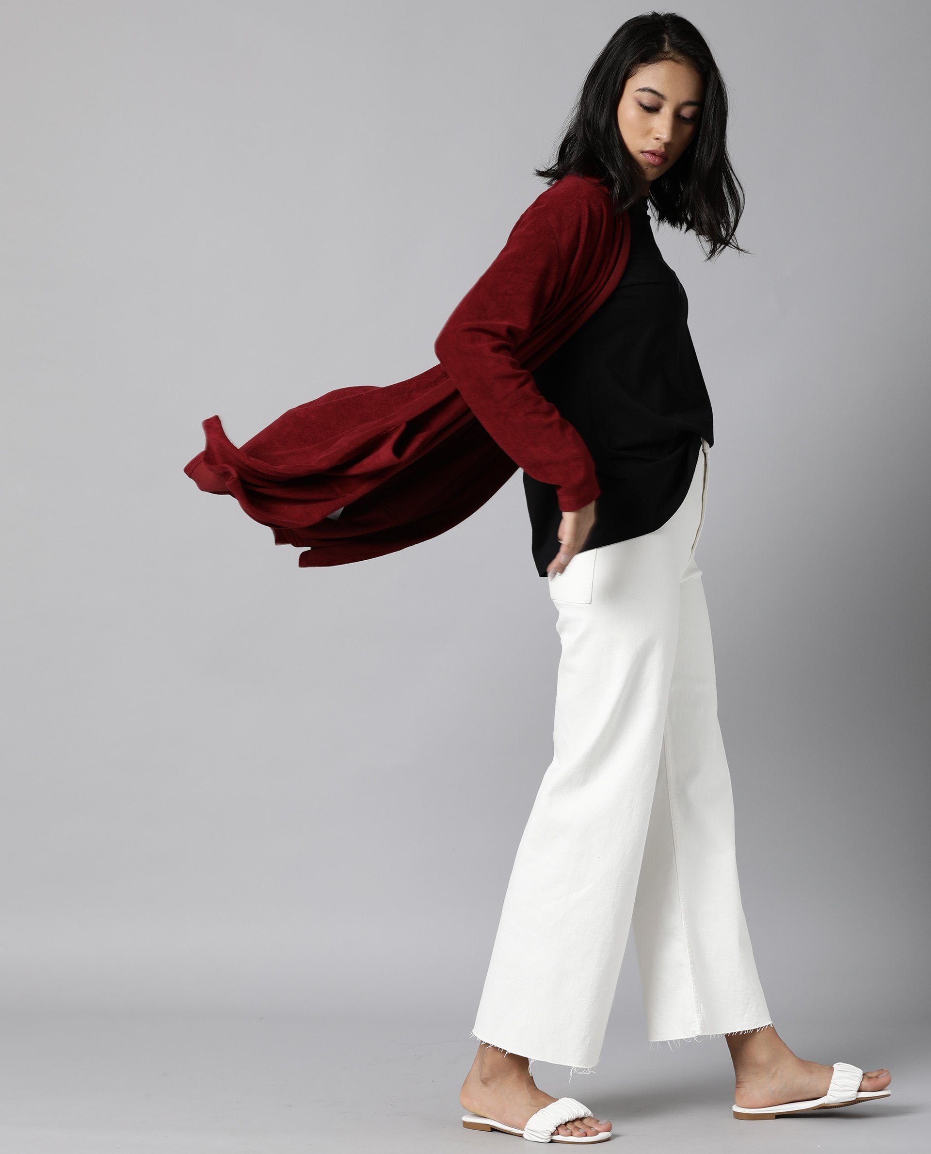 Rareism Women Sesh Maroon Overlayer Knit Fabric Solid