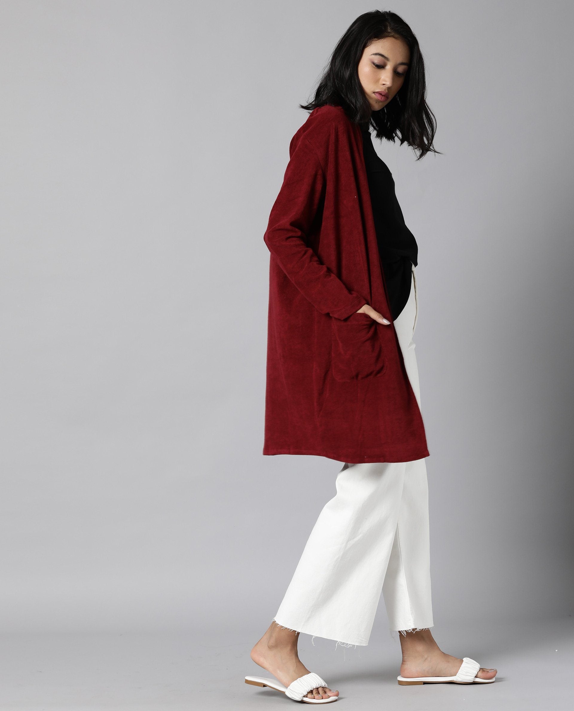 Rareism Women Sesh Maroon Overlayer Knit Fabric Solid