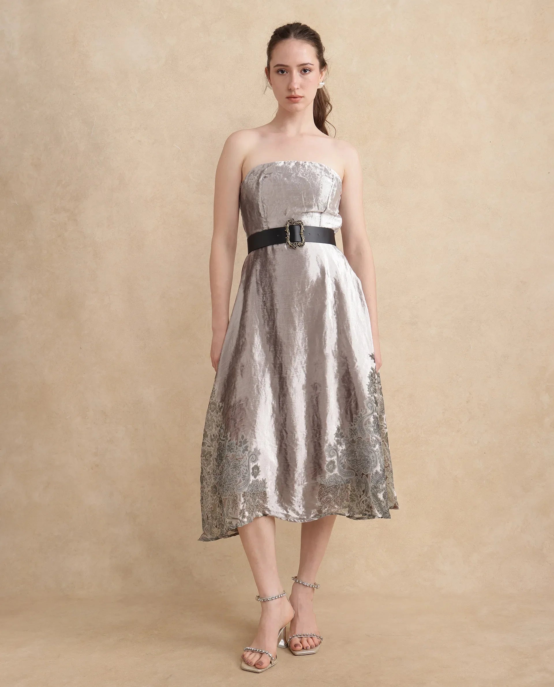 Rareism Women's Seson Light Silver Velvet Tube Neck Abstract Print Sleeveless Midi Fit And Flare Dress