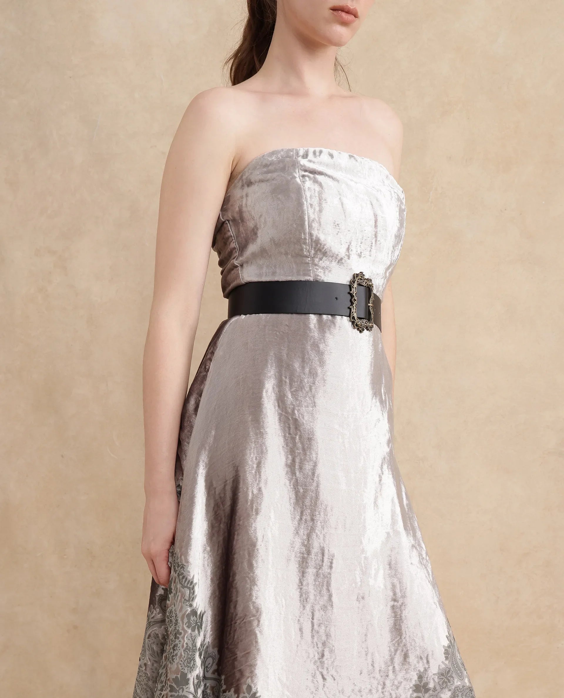 Rareism Women Seson Light Silver Tube Neck Zipper Closure Fit And Flare Midi Abstract Print Dress