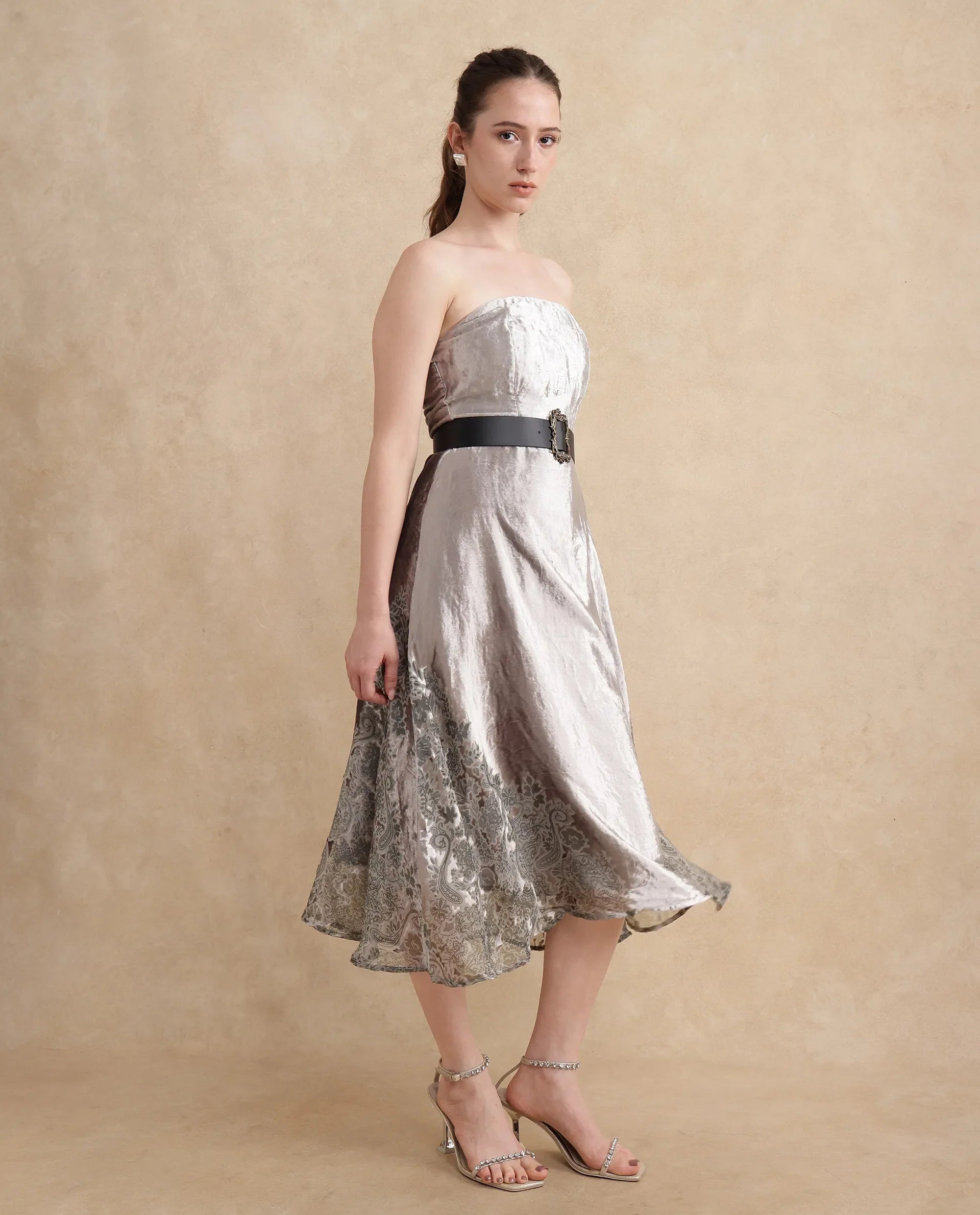 Rareism Women's Seson Light Silver Velvet Tube Neck Abstract Print Sleeveless Midi Fit And Flare Dress