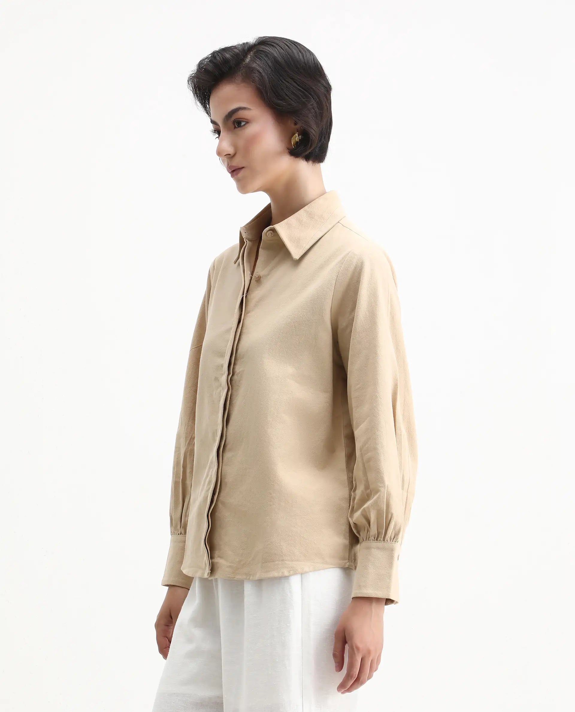 Rareism Women's Severo Beige Cotton Spread Collar Plain Cuffed Sleeve Regular Fit Shirt