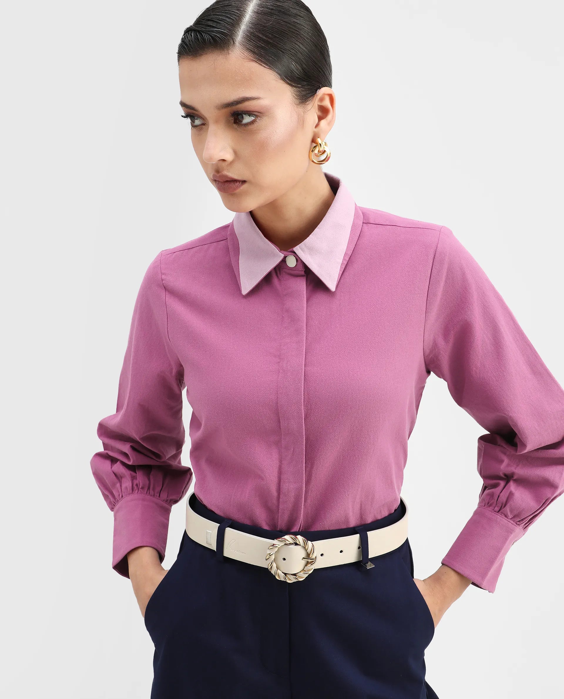 Rareism Women's Severo Pink Cotton Drop Collar Plain Cuffed Sleeve Regular Fit Shirt