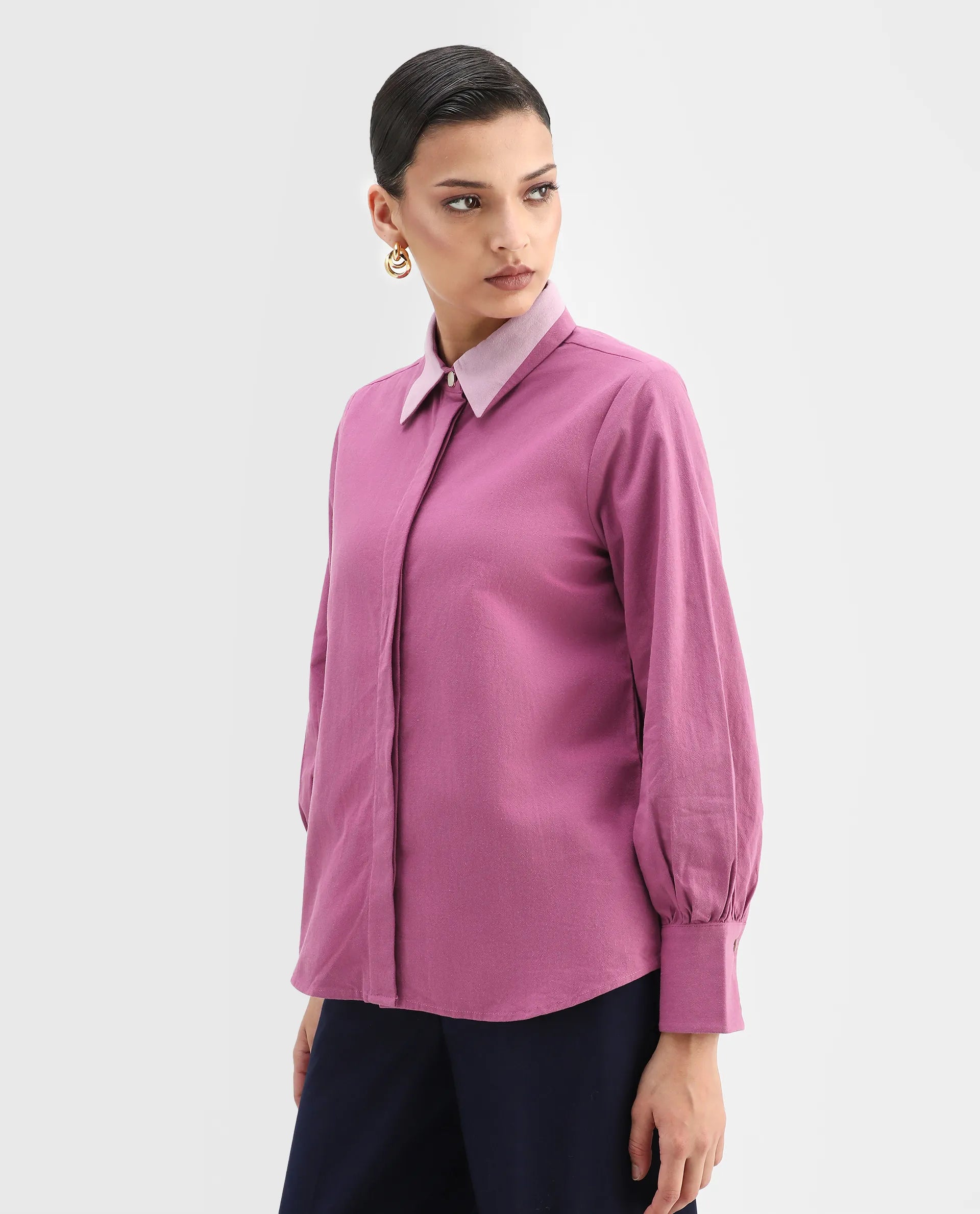 Rareism Women's Severo Pink Cotton Drop Collar Plain Cuffed Sleeve Regular Fit Shirt