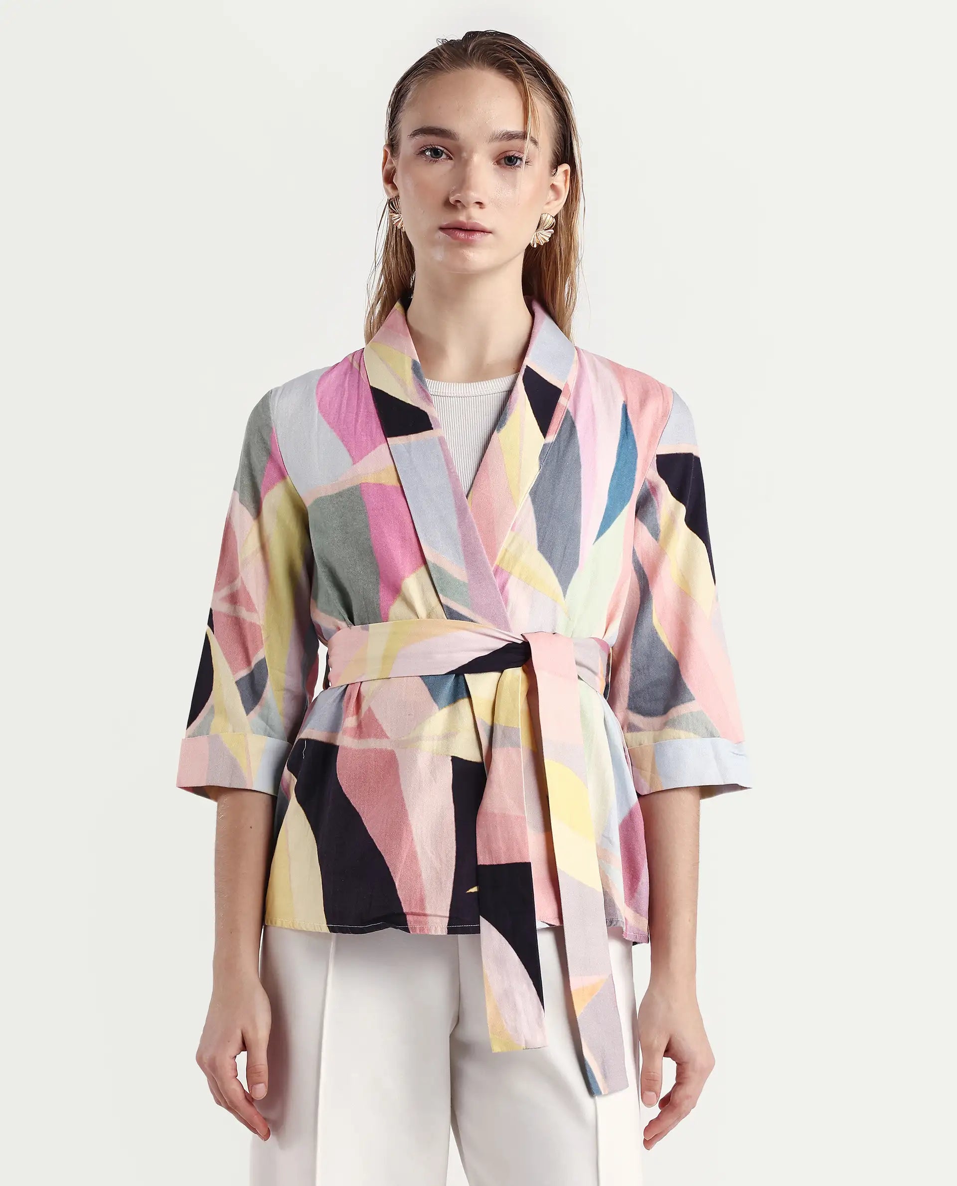 Rareism Women's Sezam Pink Cotton Shawl Neck Regular Fit Outer Wear