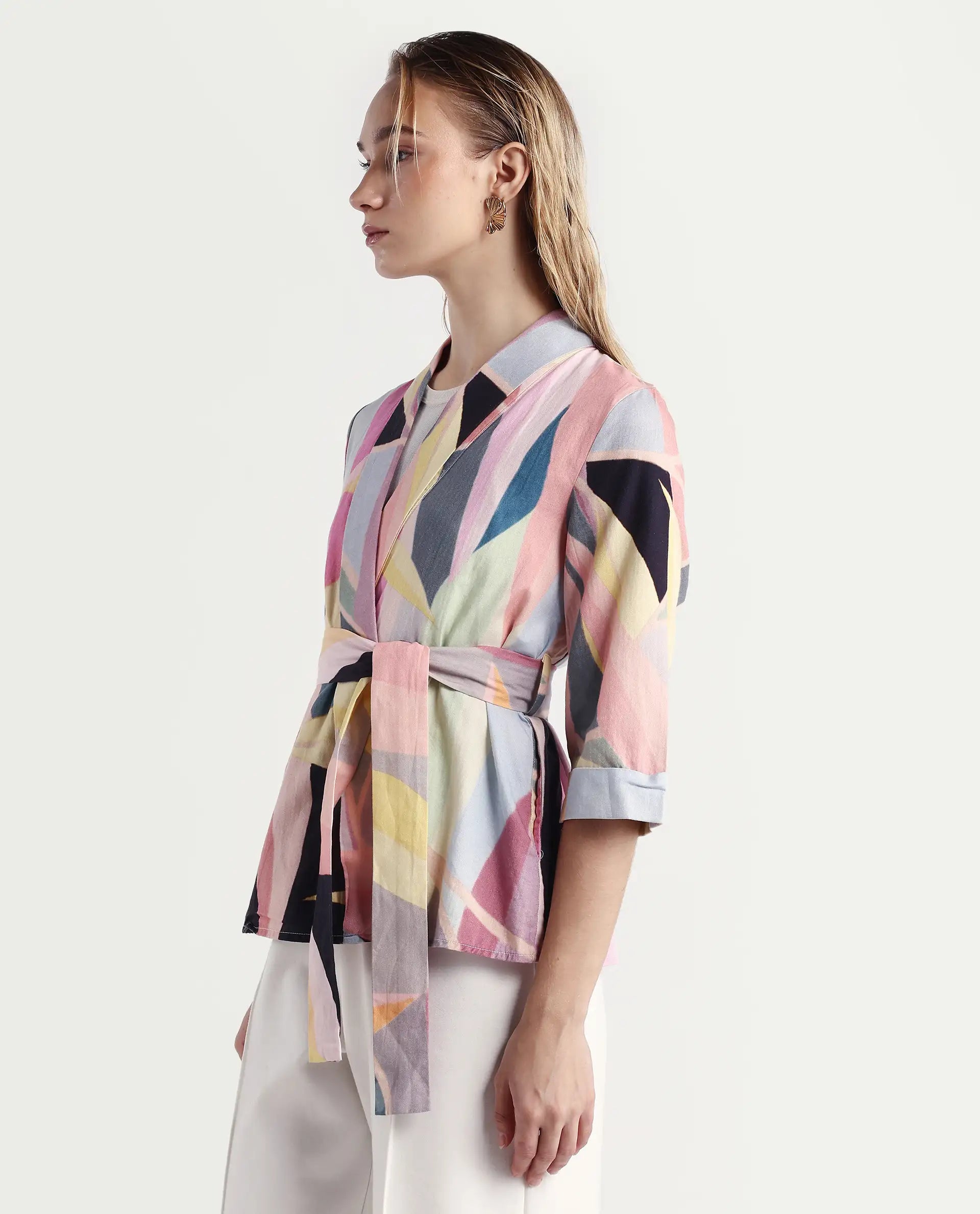 Rareism Women's Sezam Pink Cotton Shawl Neck Regular Fit Outer Wear