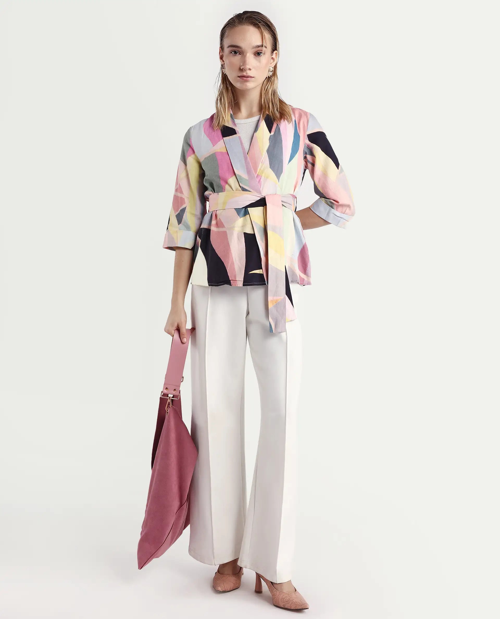 Rareism Women's Sezam Pink Cotton Shawl Neck Regular Fit Outer Wear